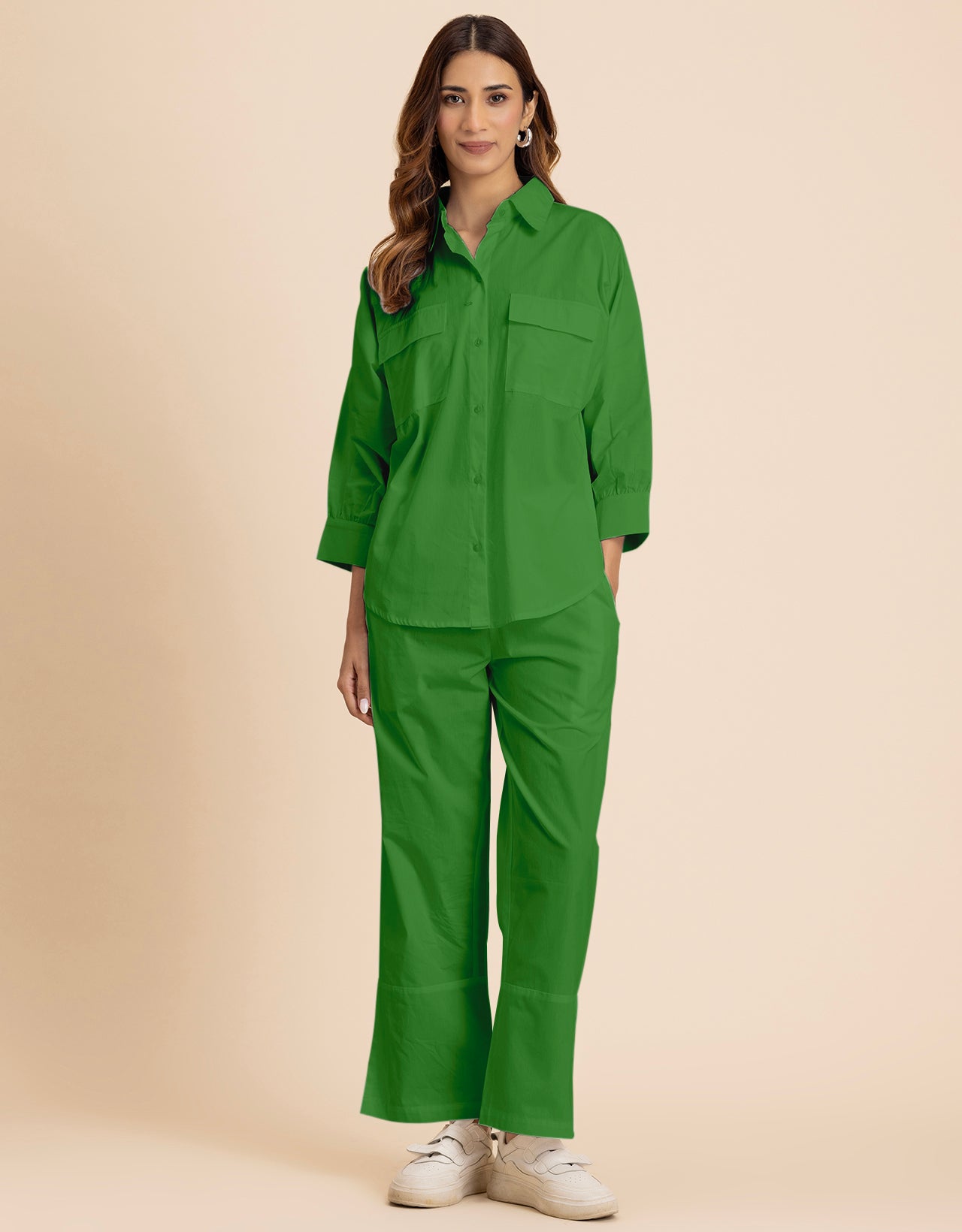 Solid 2 Pcs Cotton Co-Ord Set Long Shirt With Pants for Women