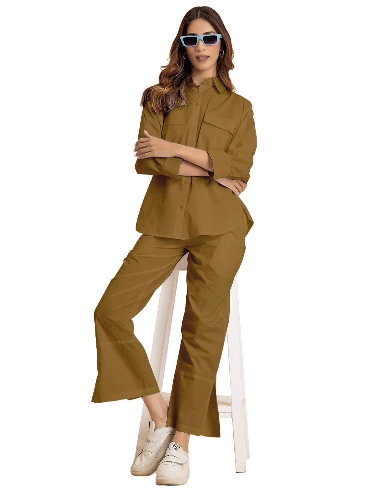 Solid 2 Pcs Cotton Co-Ord Set Long Shirt With Pants for Women