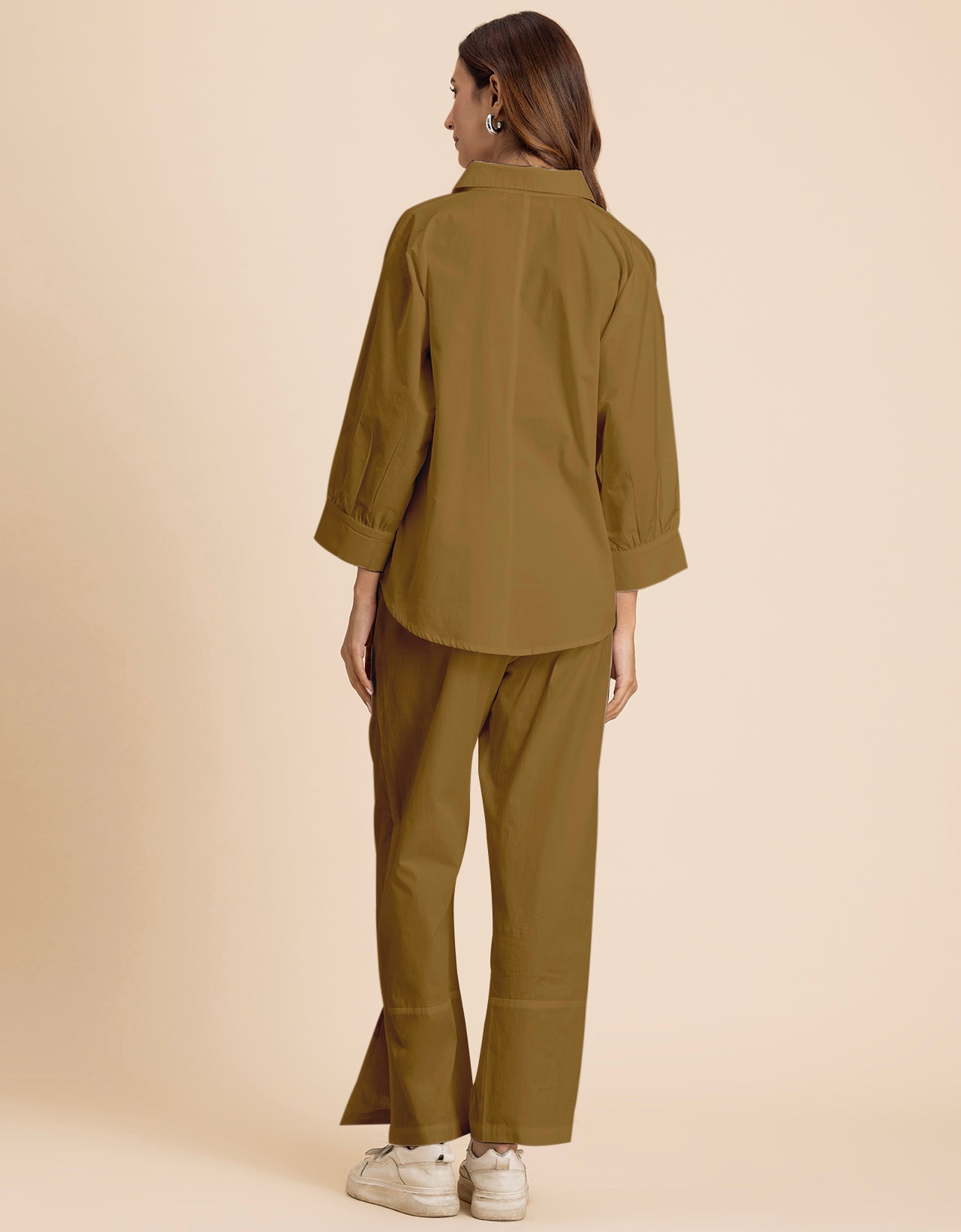 Solid 2 Pcs Cotton Co-Ord Set Long Shirt With Pants for Women