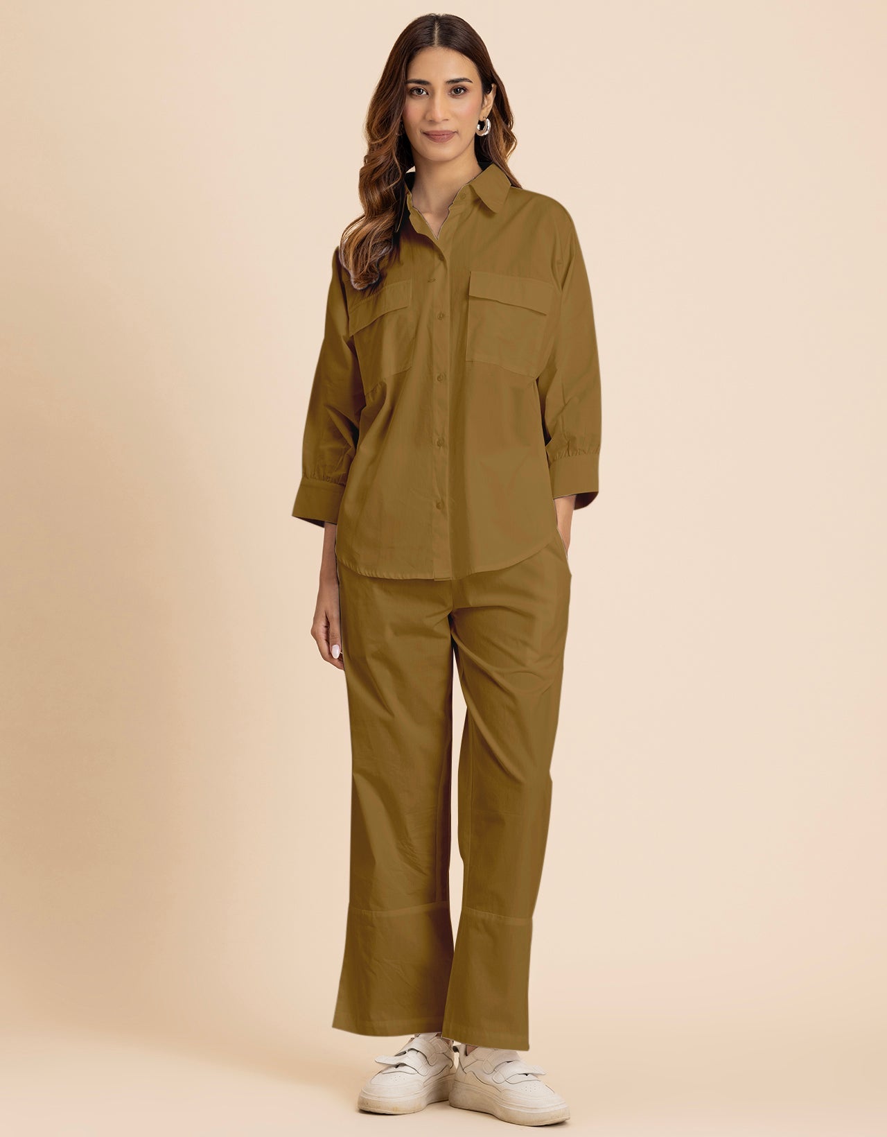 Solid 2 Pcs Cotton Co-Ord Set Long Shirt With Pants for Women