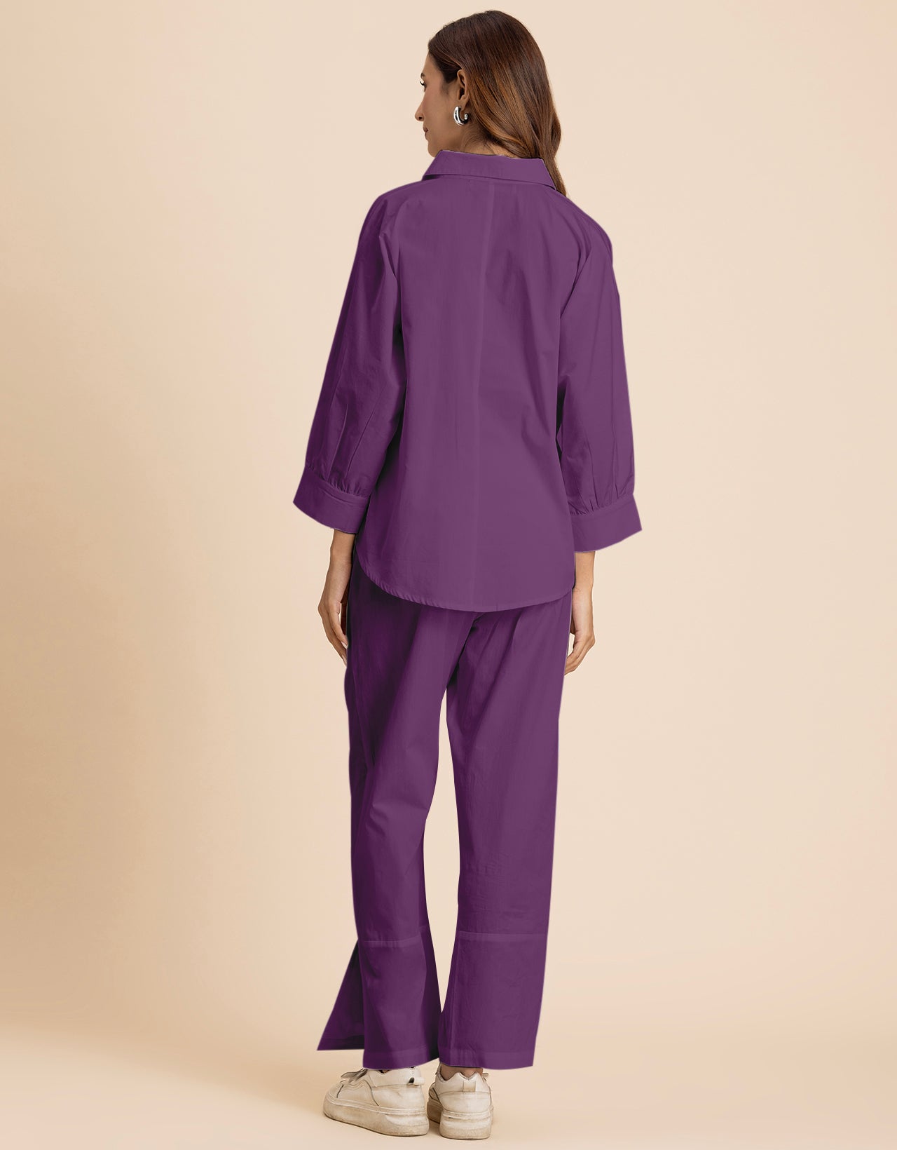 Solid 2 Pcs Cotton Co-Ord Set Long Shirt With Pants for Women