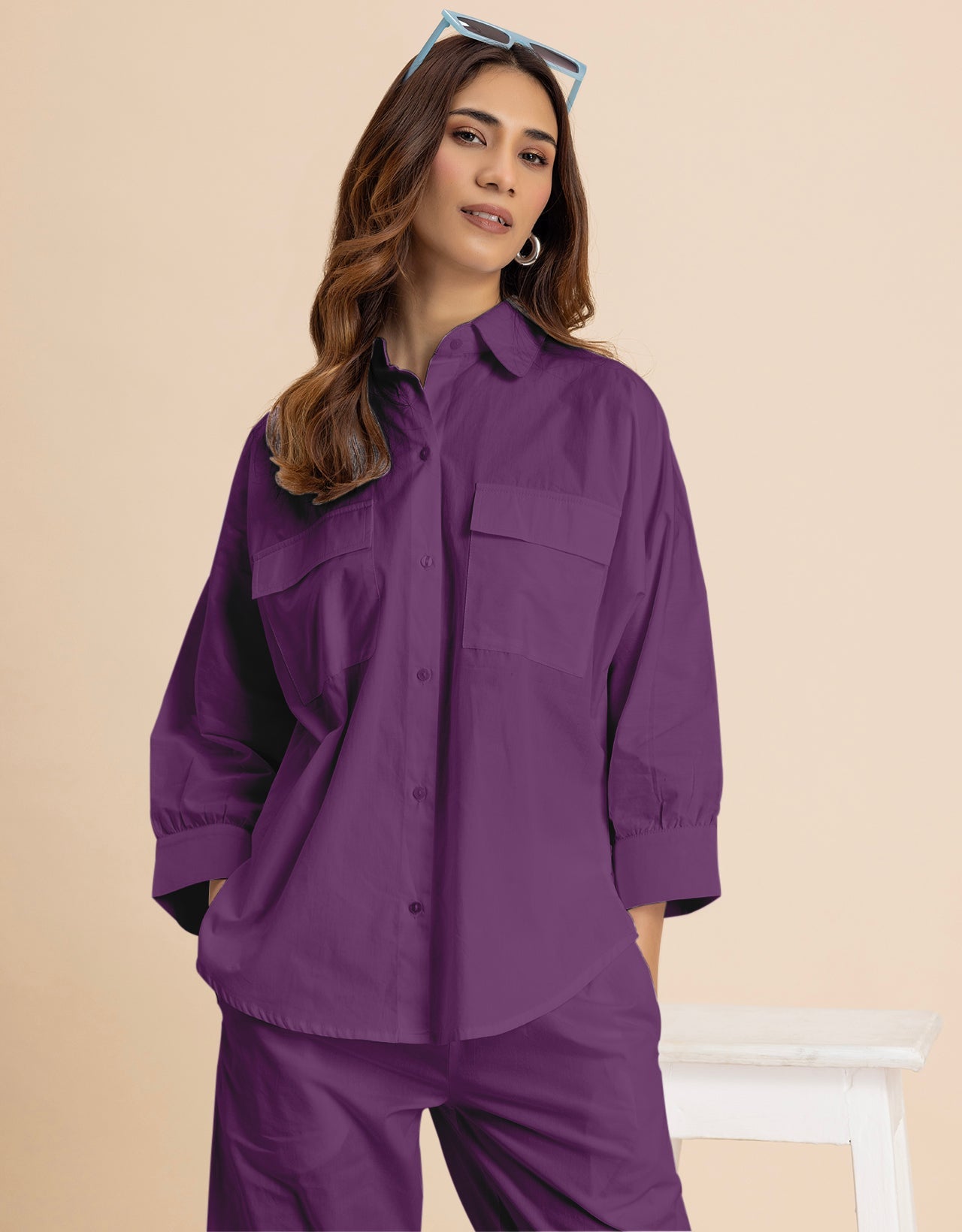 Solid 2 Pcs Cotton Co-Ord Set Long Shirt With Pants for Women