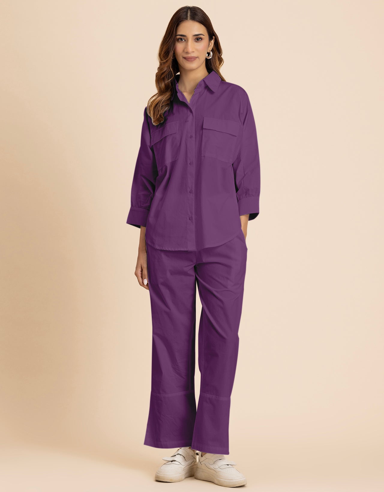 Solid 2 Pcs Cotton Co-Ord Set Long Shirt With Pants for Women