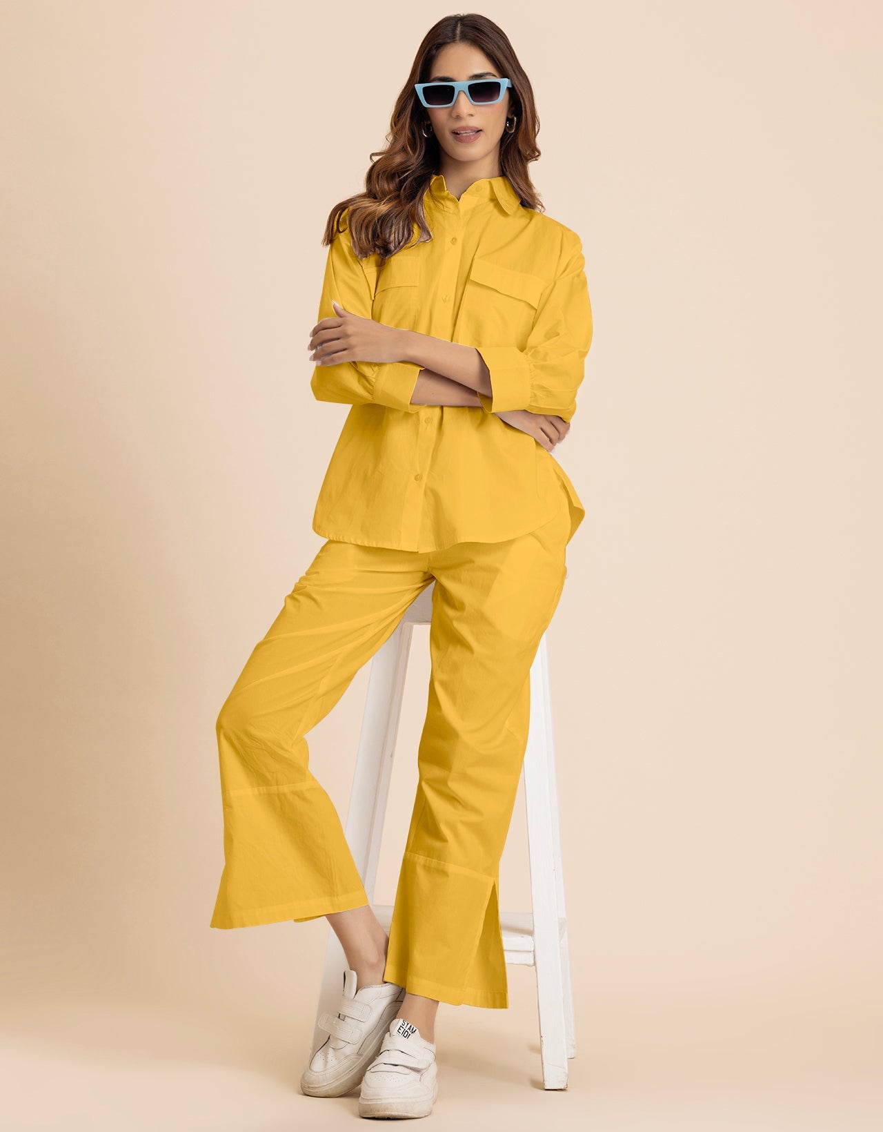Solid 2 Pcs Cotton Co-Ord Set Long Shirt With Pants for Women