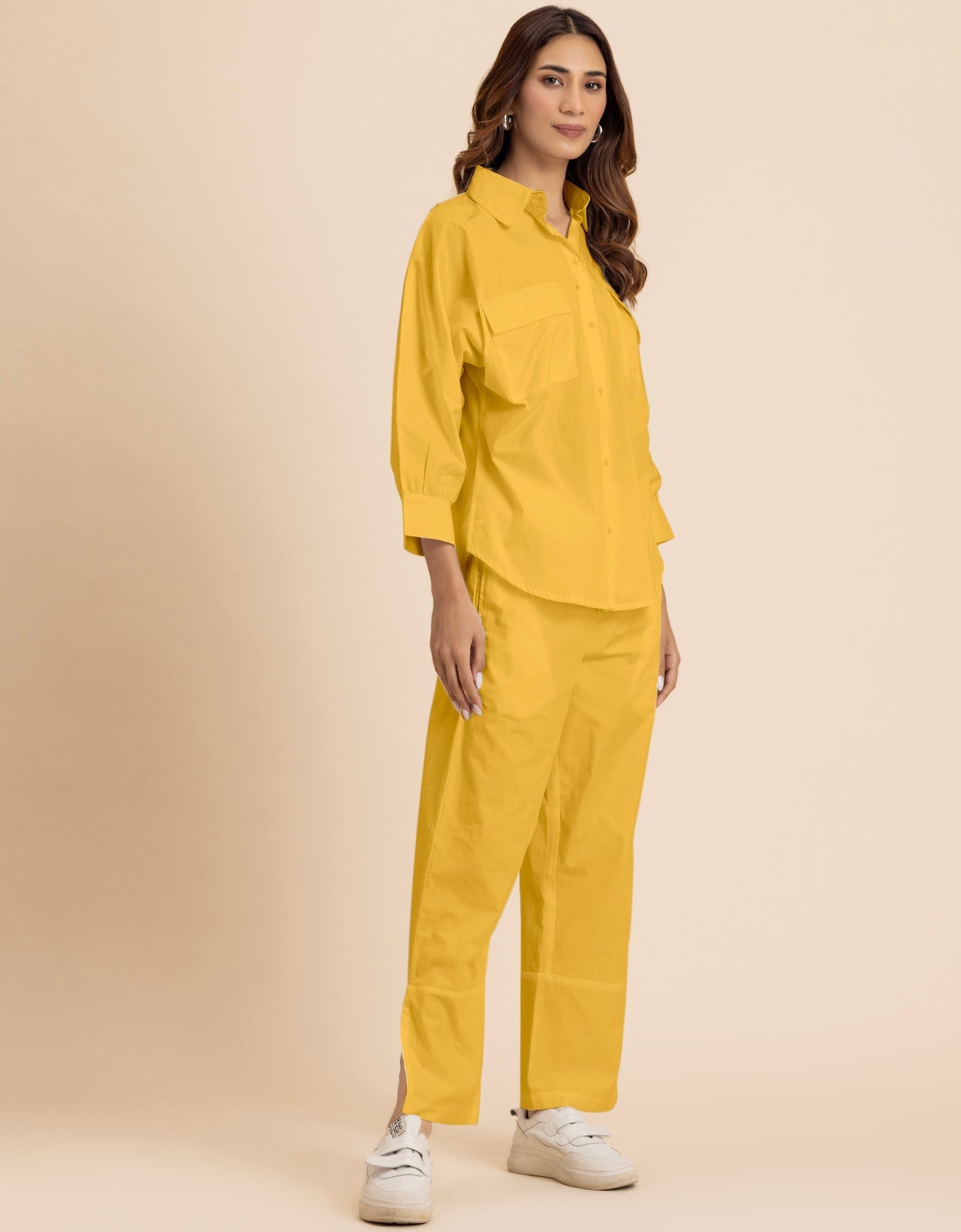 Solid 2 Pcs Cotton Co-Ord Set Long Shirt With Pants for Women
