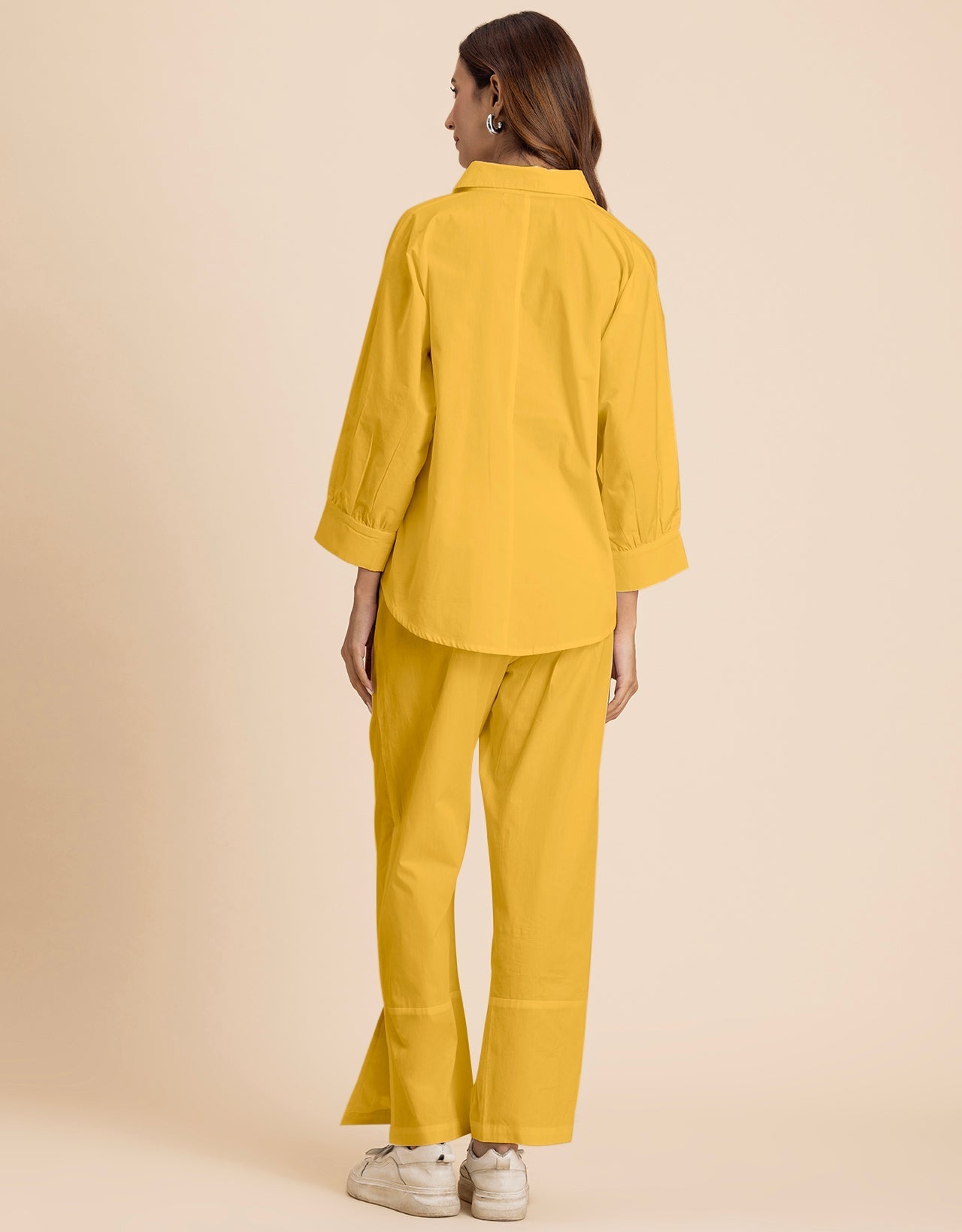 Solid 2 Pcs Cotton Co-Ord Set Long Shirt With Pants for Women