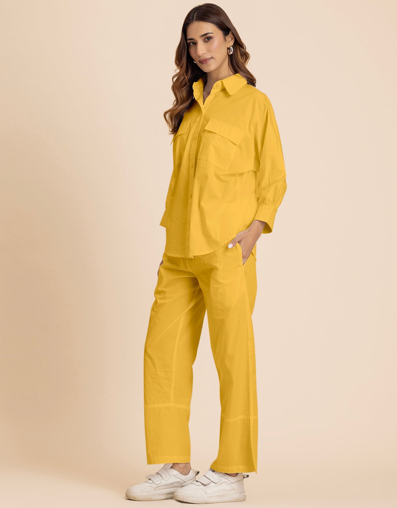 Solid 2 Pcs Cotton Co-Ord Set Long Shirt With Pants for Women
