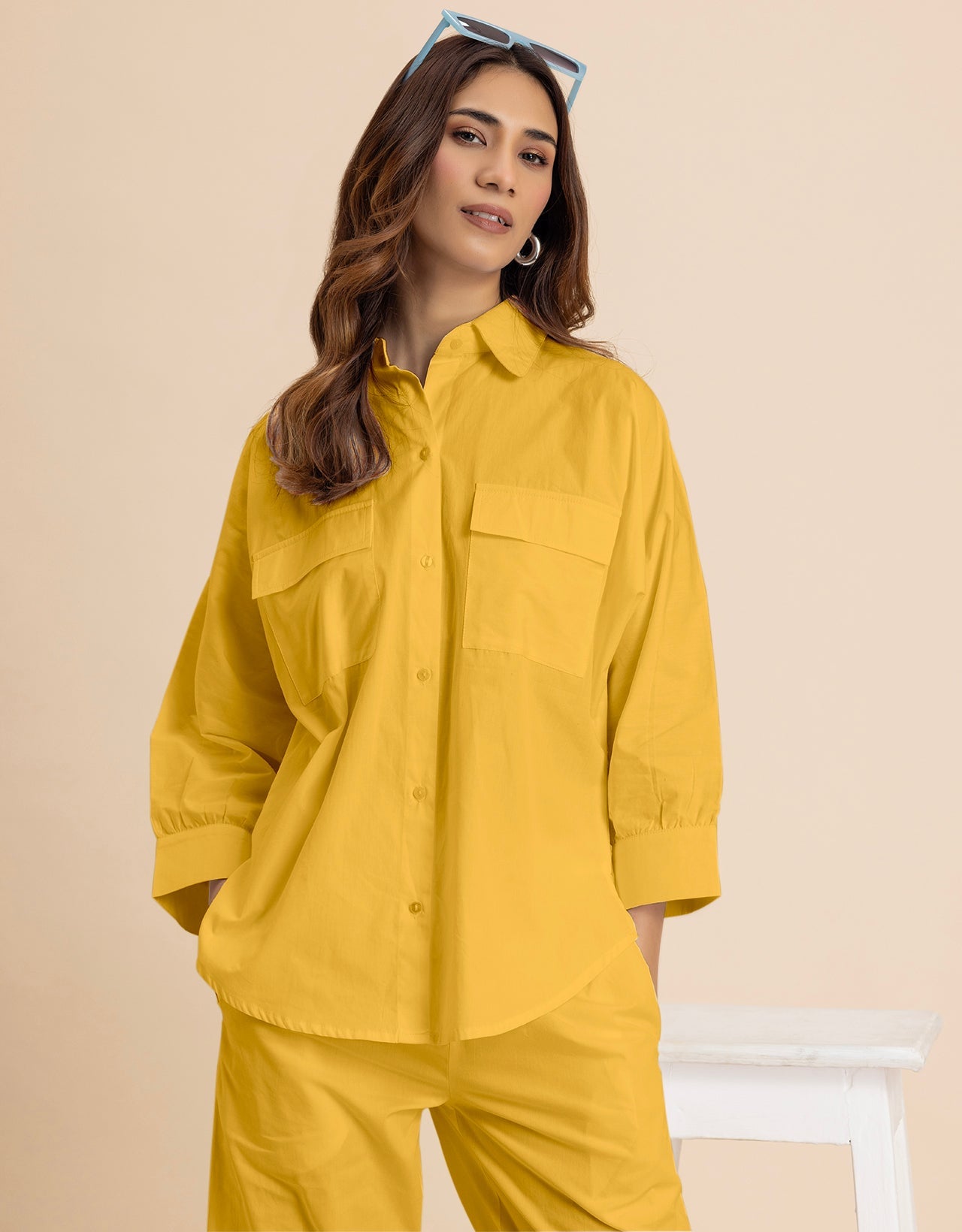 Solid 2 Pcs Cotton Co-Ord Set Long Shirt With Pants for Women