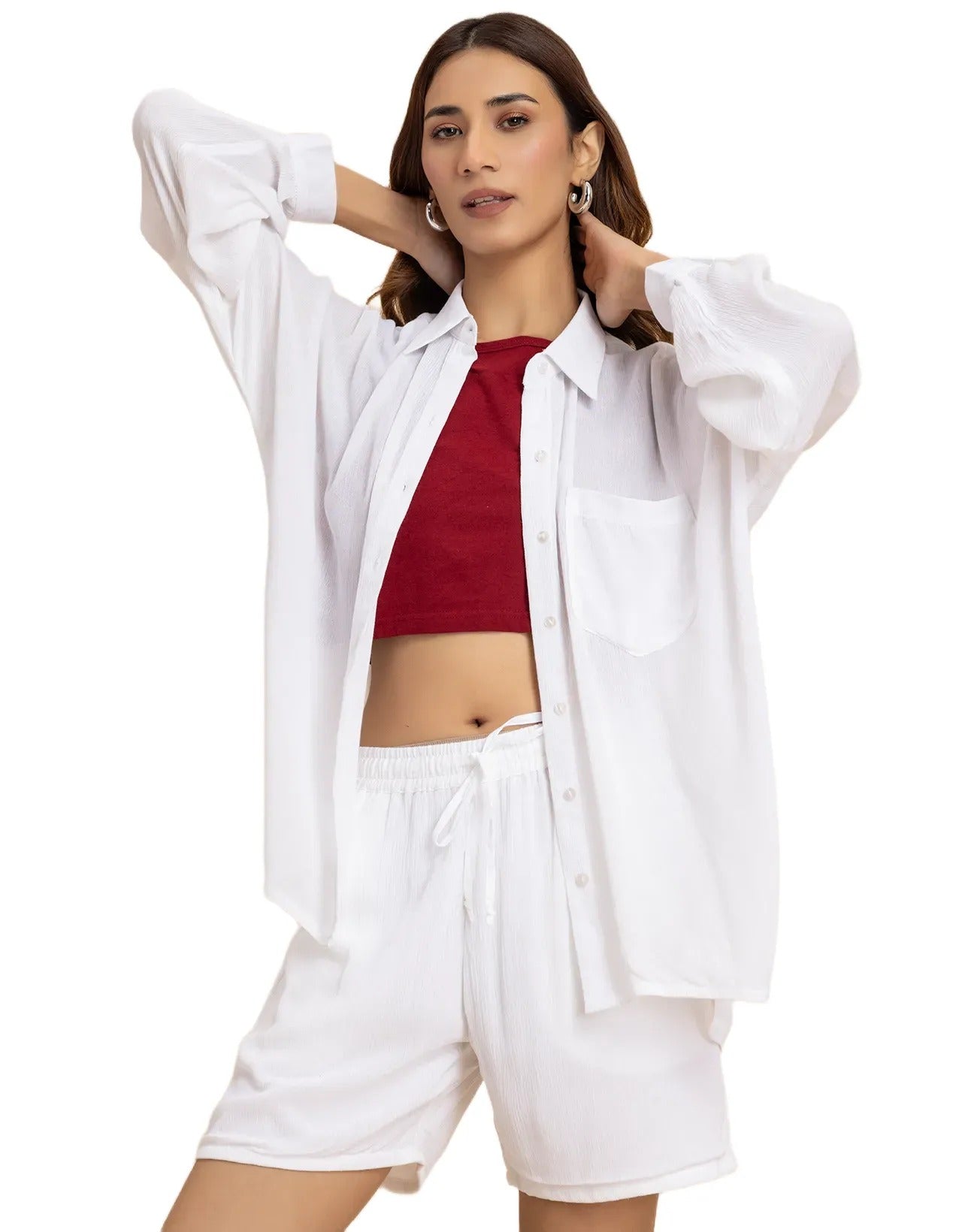 Women's 2 Pcs Co-Ord Set Long Shirt With Shorts