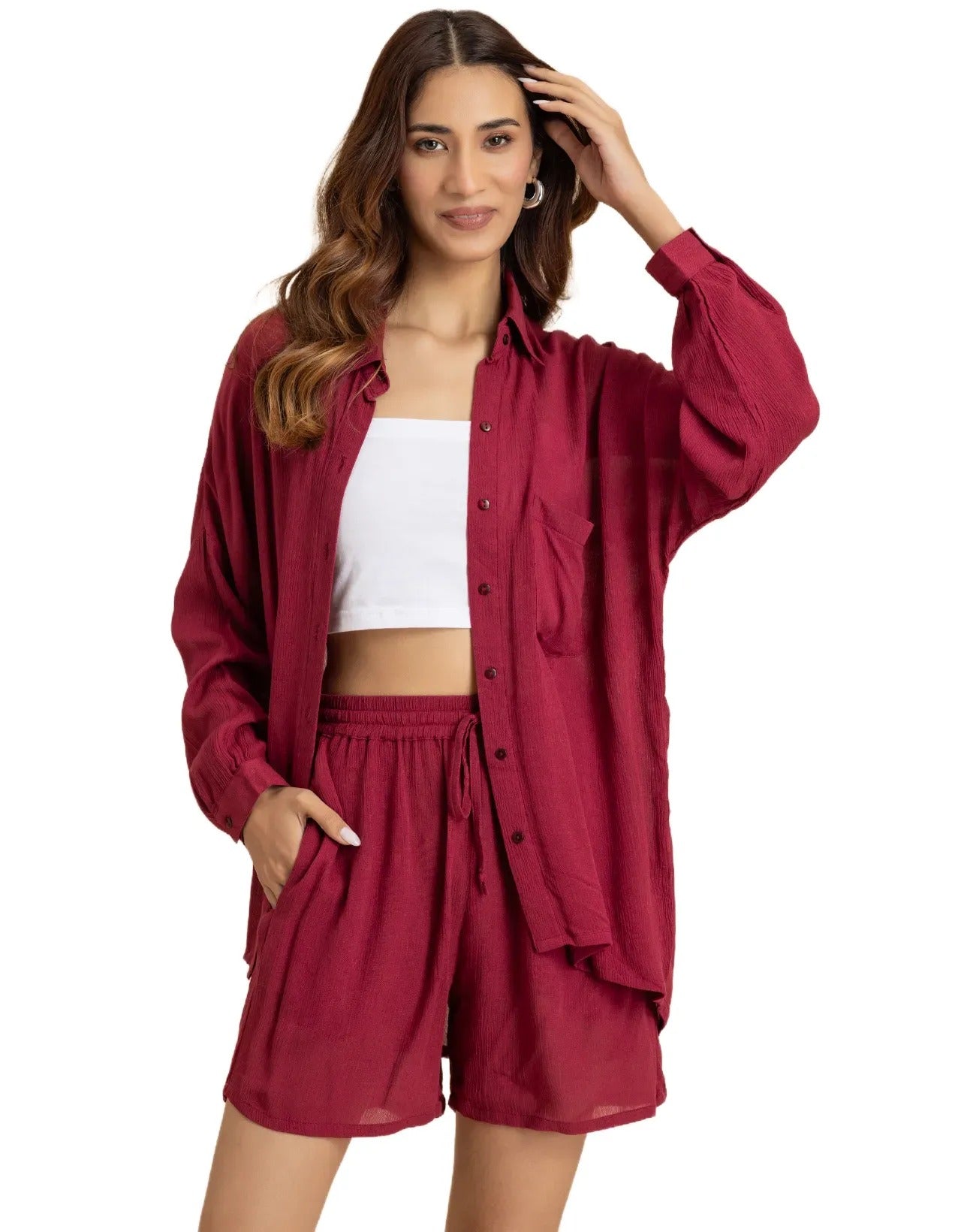 Women's 2 Pcs Co-Ord Set Long Shirt With Shorts