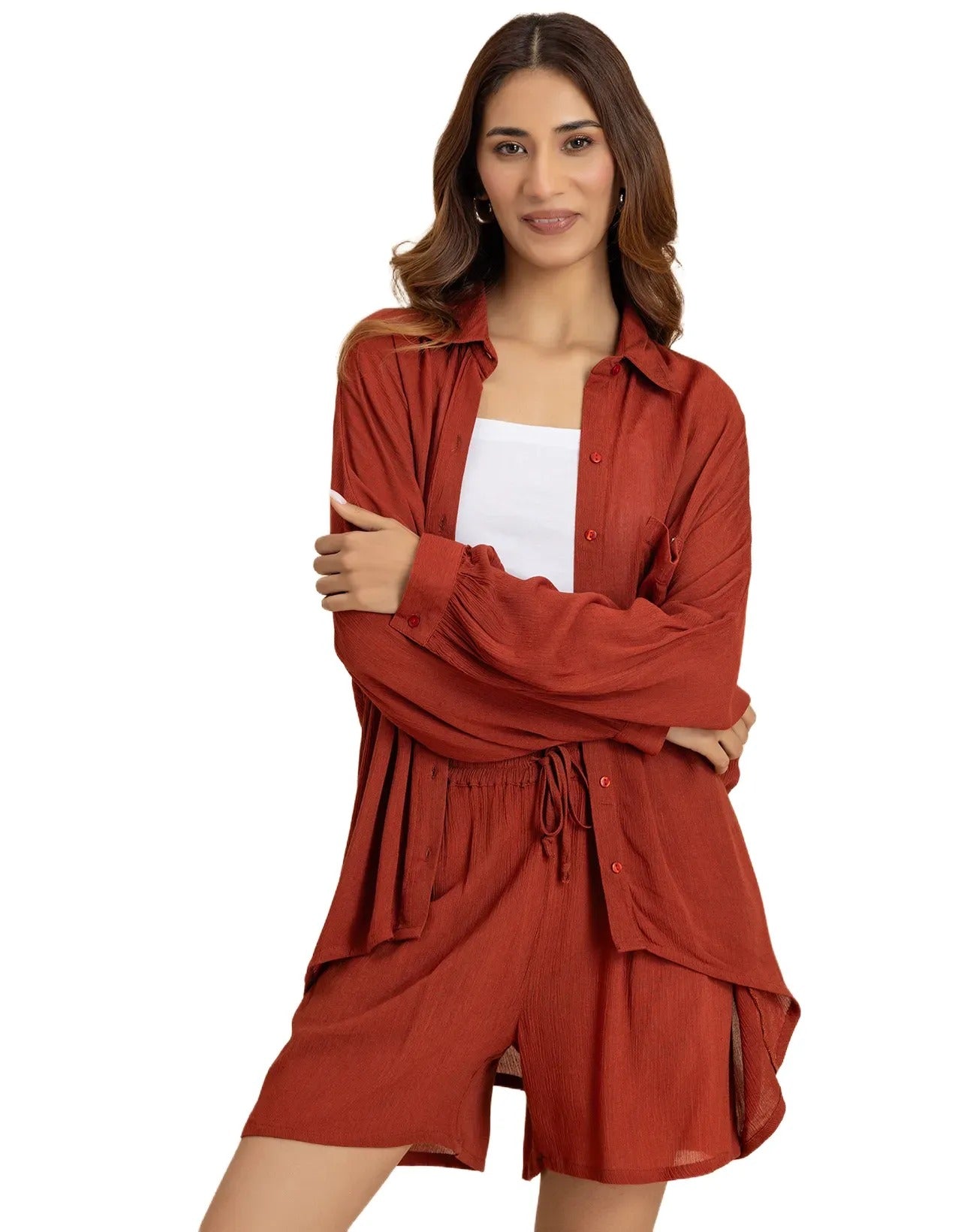 Women's 2 Pcs Co-Ord Set Long Shirt With Shorts