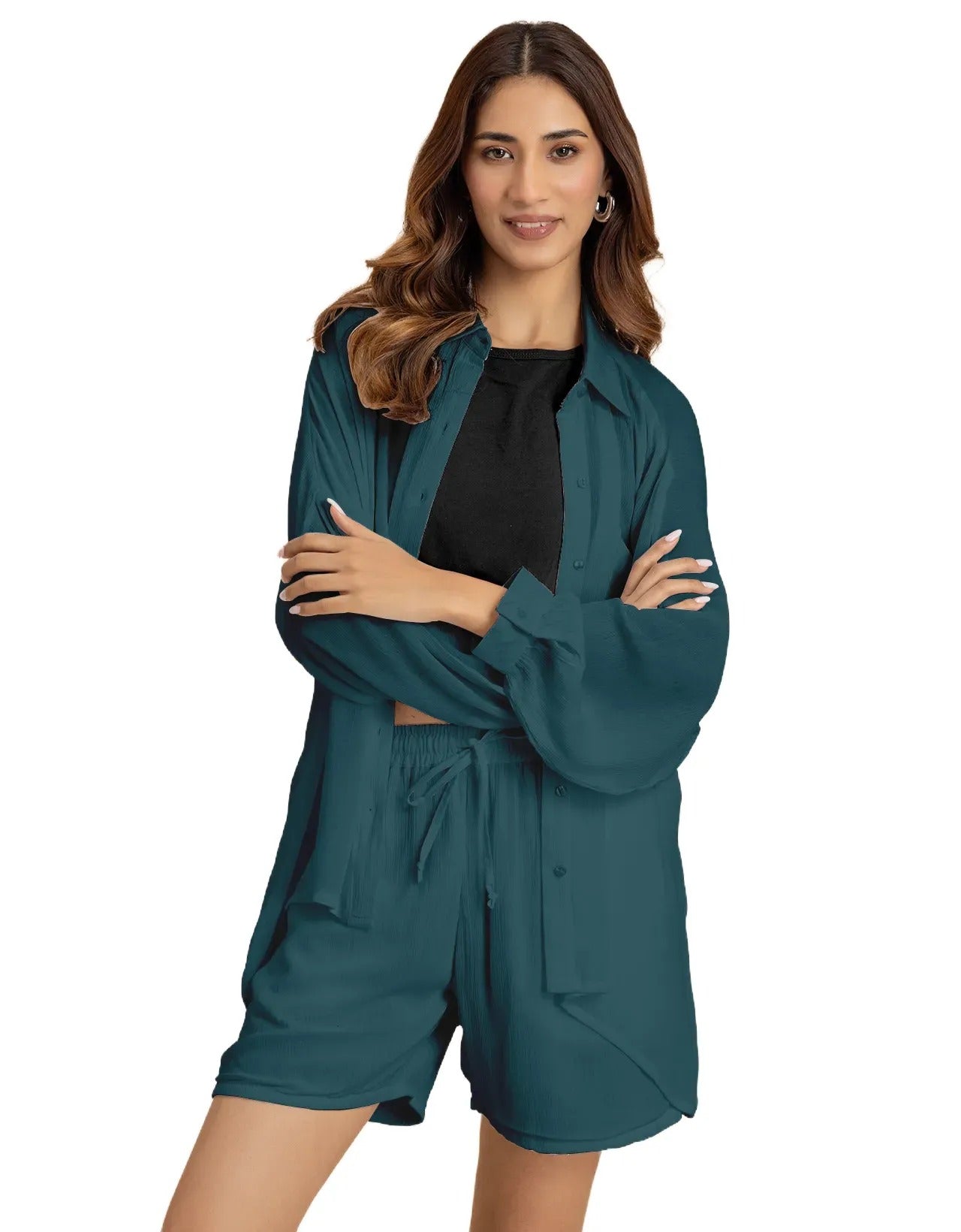 Women's 2 Pcs Co-Ord Set Long Shirt With Shorts