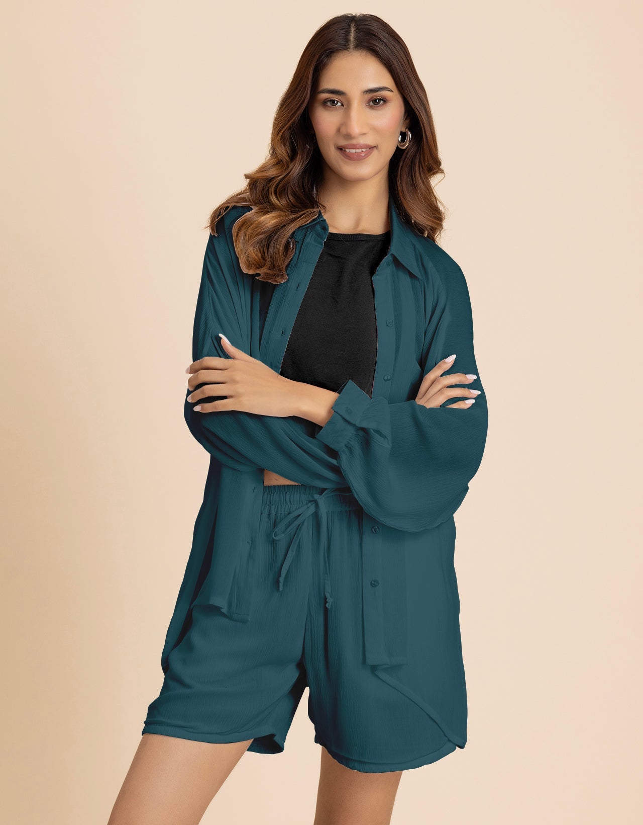 Women's 2 Pcs Co-Ord Set Long Shirt With Shorts