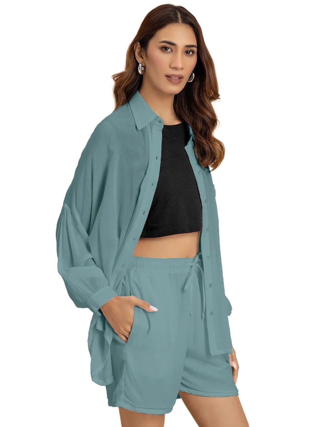 Women's 2 Pcs Co-Ord Set Long Shirt With Shorts