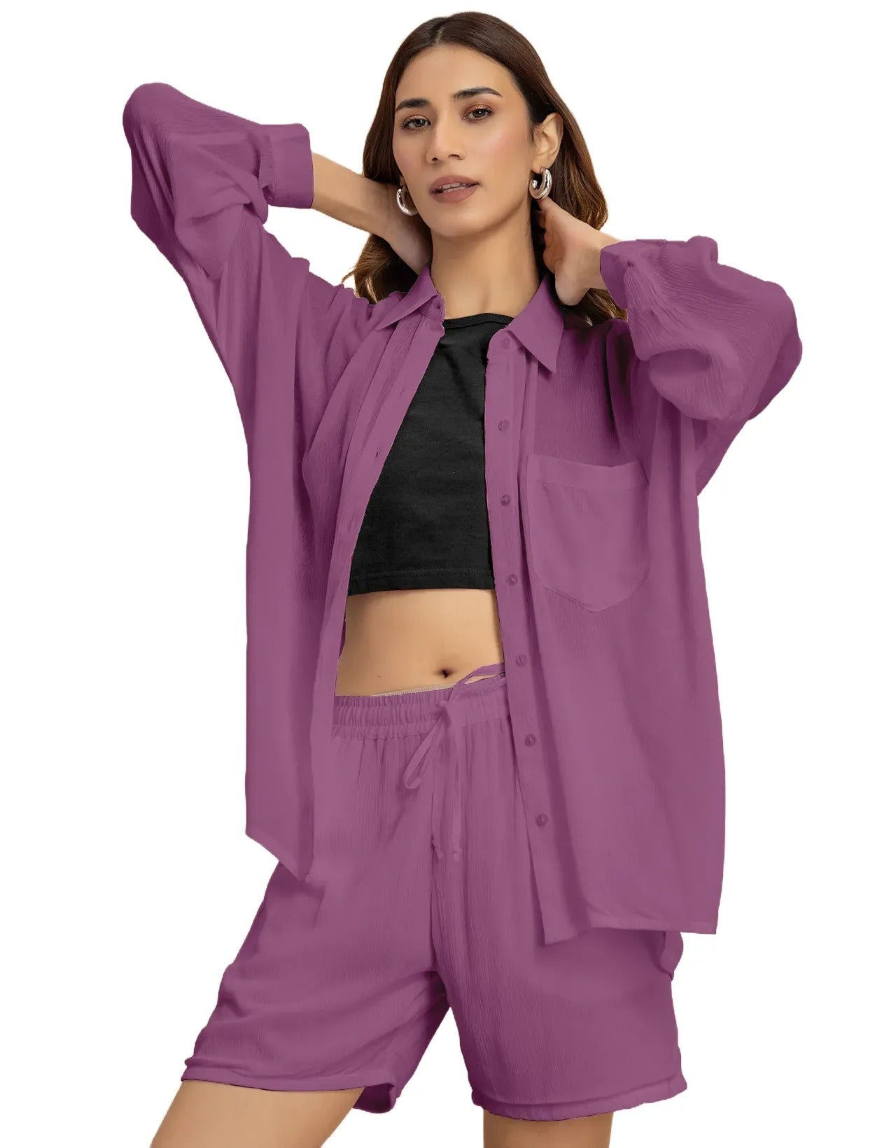 Women's 2 Pcs Co-Ord Set Long Shirt With Shorts