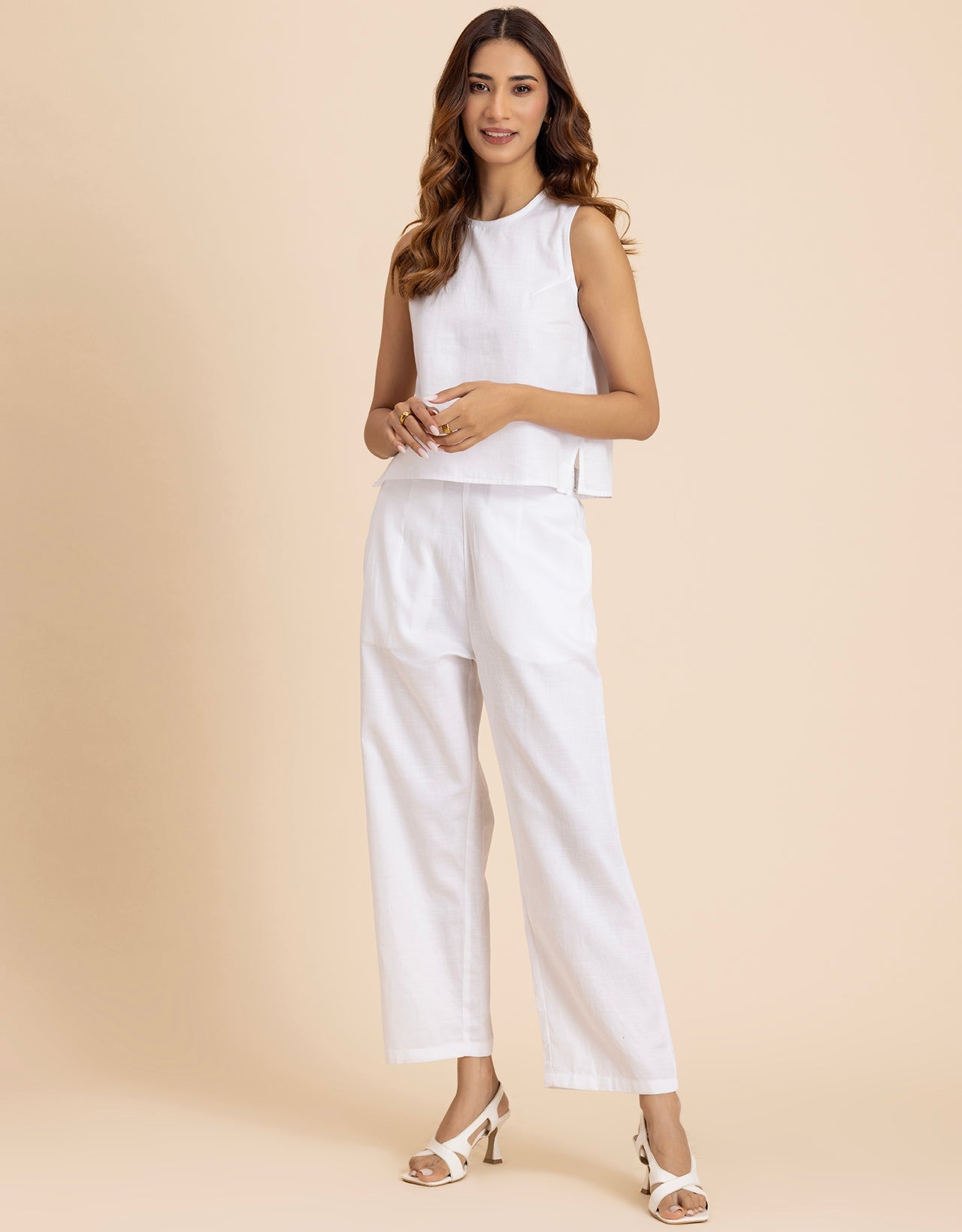 Women 2 Pcs Casual Cotton Co-Ord Set Top With Pants