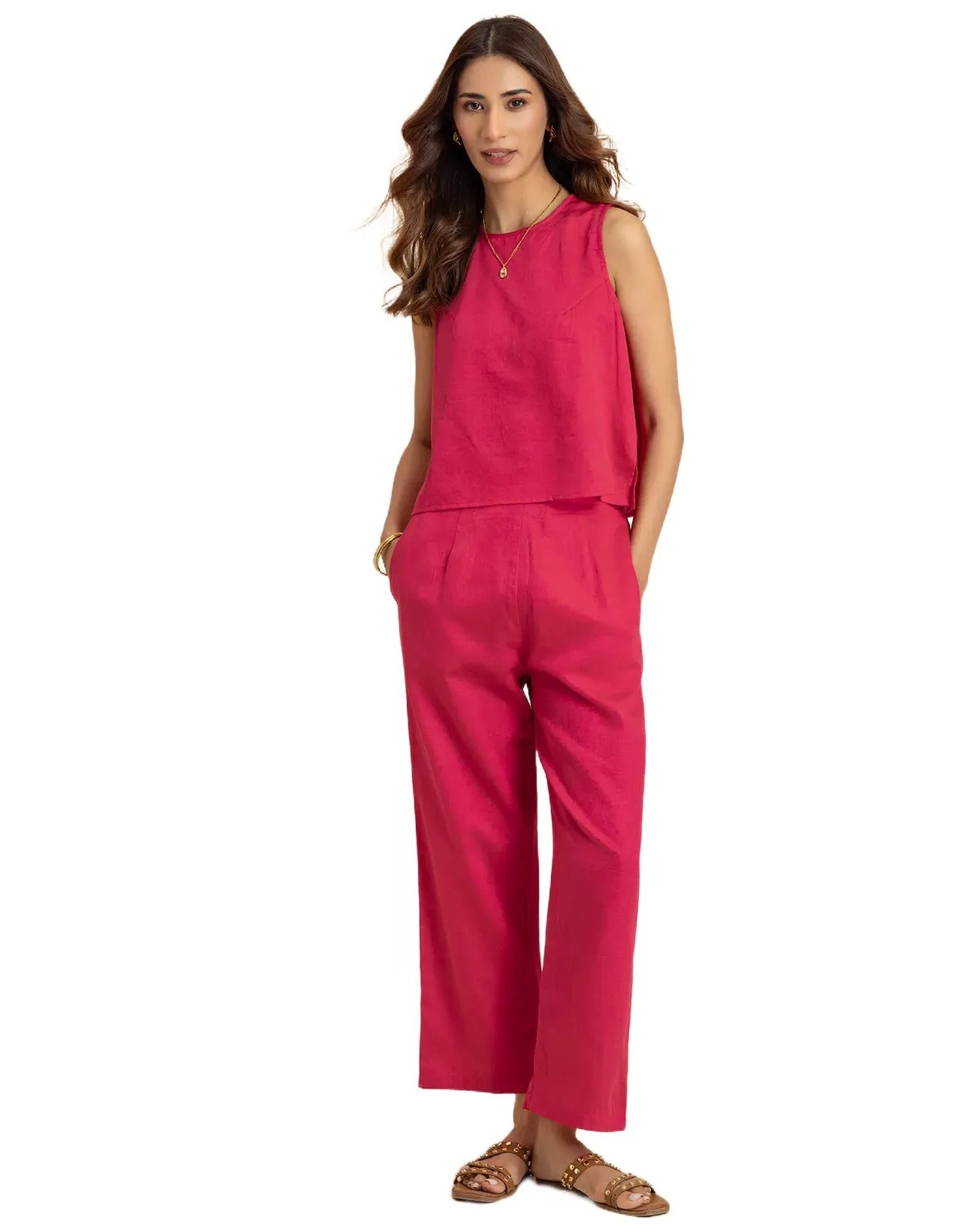 Women 2 Pcs Casual Cotton Co-Ord Set Top With Pants