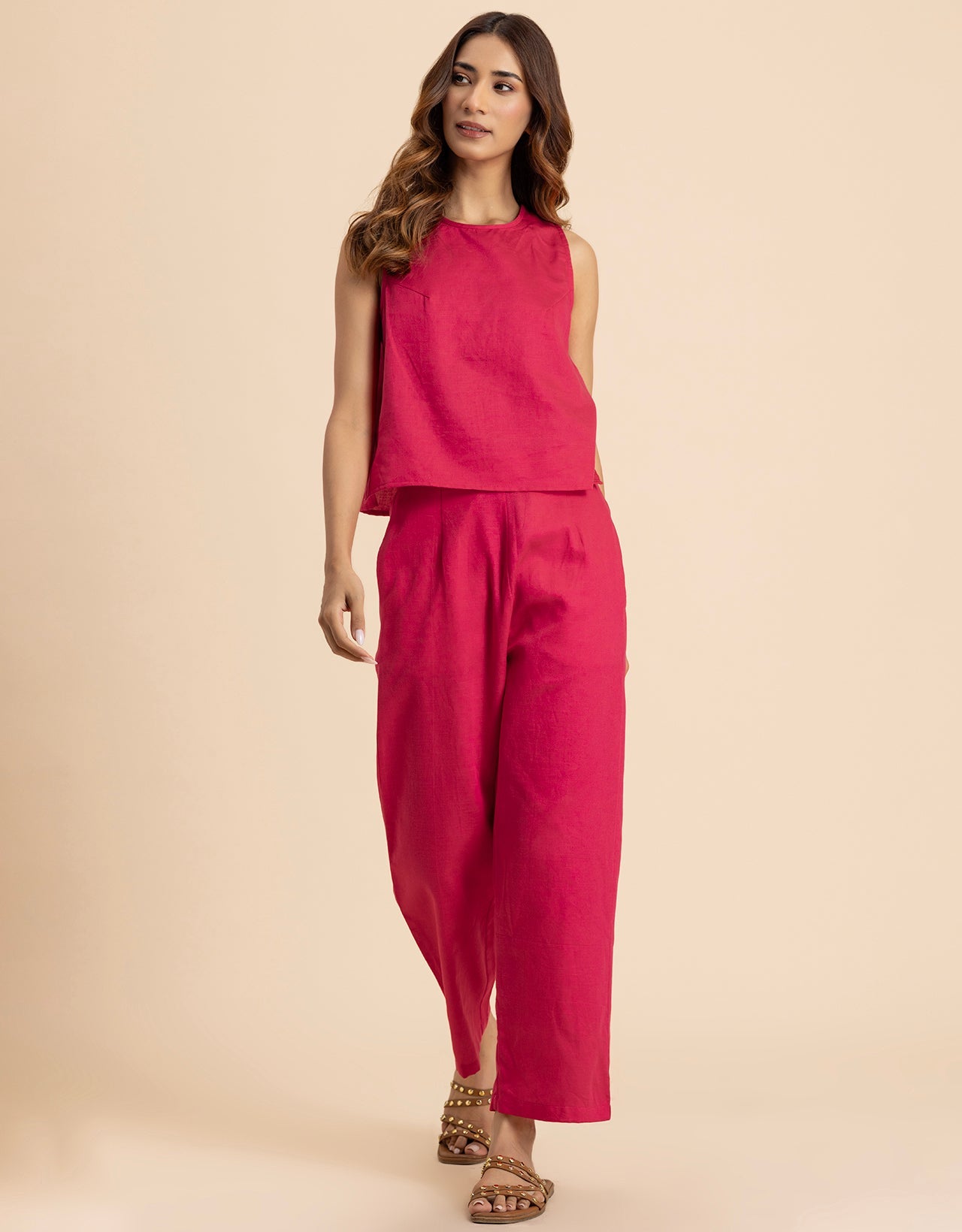 Women 2 Pcs Casual Cotton Co-Ord Set Top With Pants