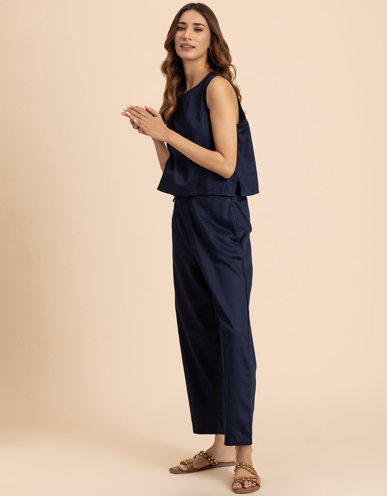 Women 2 Pcs Casual Cotton Co-Ord Set Top With Pants