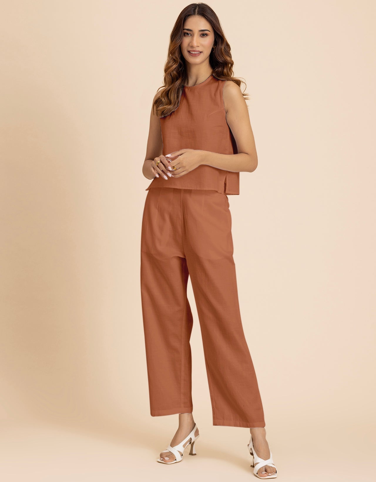 Women 2 Pcs Casual Cotton Co-Ord Set Top With Pants