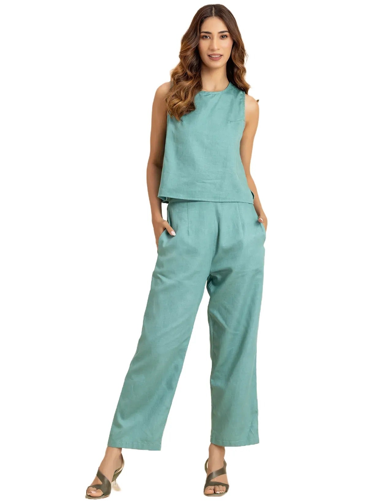 Women 2 Pcs Casual Cotton Co-Ord Set Top With Pants
