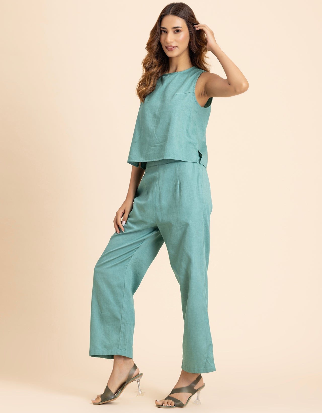 Women 2 Pcs Casual Cotton Co-Ord Set Top With Pants