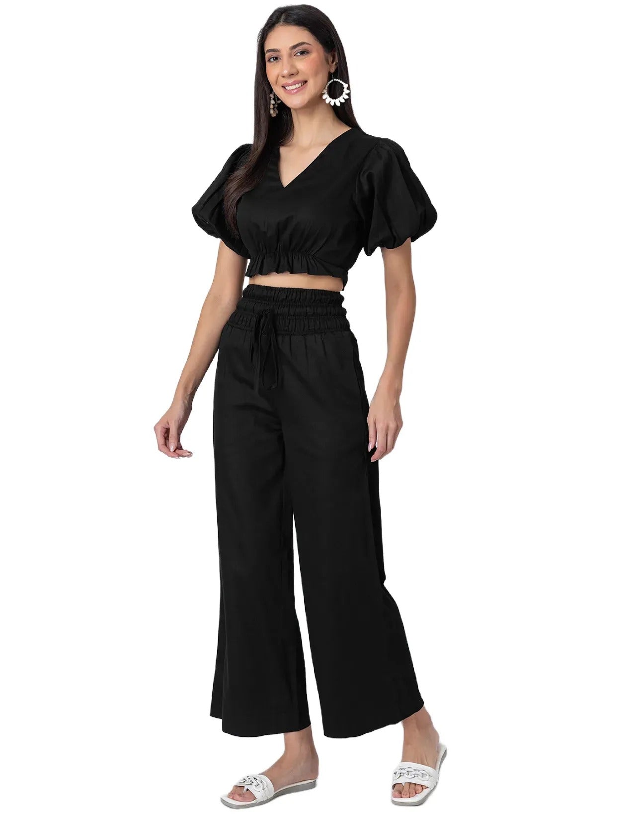 2 Pcs Cotton Co-ord Set, Crop Top With Flared Palazzo Pants For Women