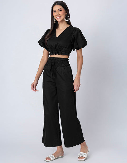 2 Pcs Cotton Co-ord Set, Crop Top With Flared Palazzo Pants For Women