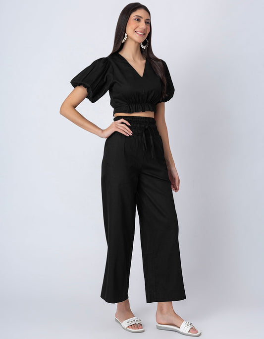 2 Pcs Cotton Co-ord Set, Crop Top With Flared Palazzo Pants For Women