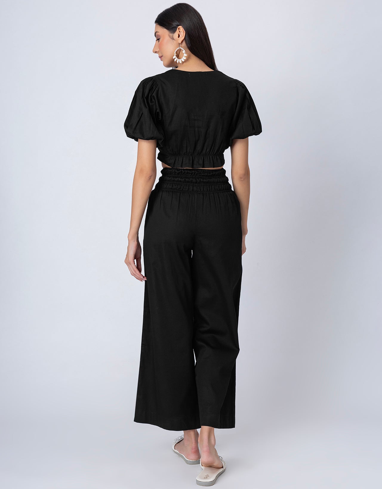 2 Pcs Cotton Co-ord Set, Crop Top With Flared Palazzo Pants For Women