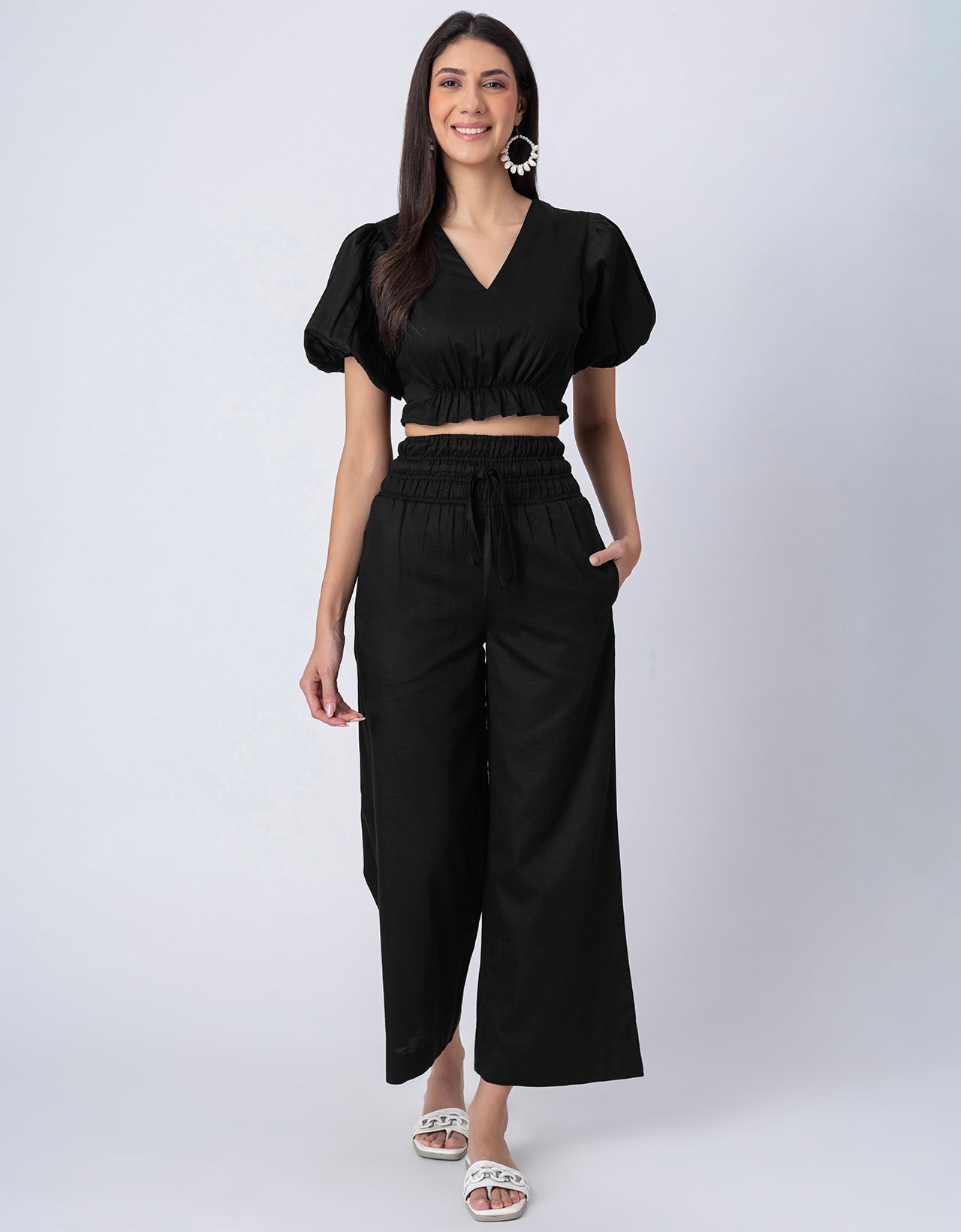 2 Pcs Cotton Co-ord Set, Crop Top With Flared Palazzo Pants For Women