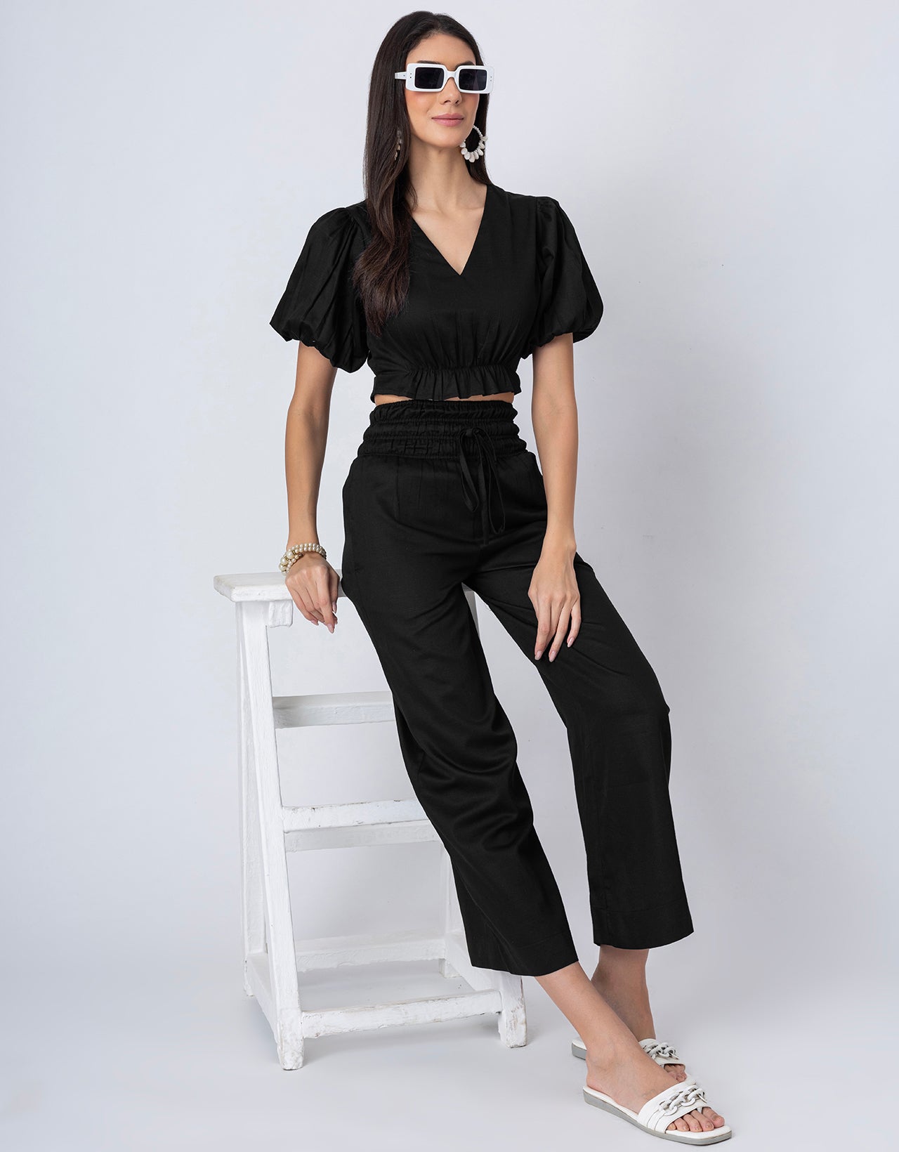 2 Pcs Cotton Co-ord Set, Crop Top With Flared Palazzo Pants For Women