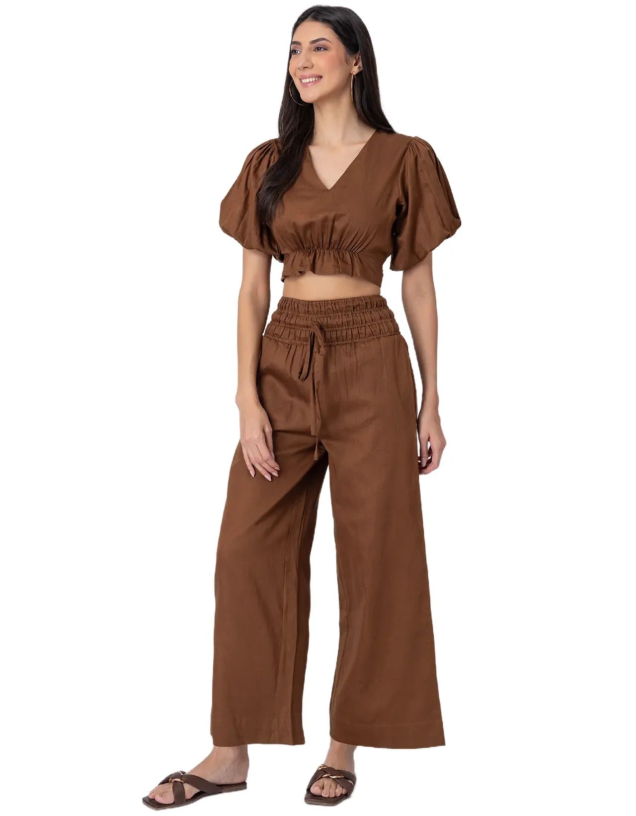 2 Pcs Cotton Co-ord Set, Crop Top With Flared Palazzo Pants For Women