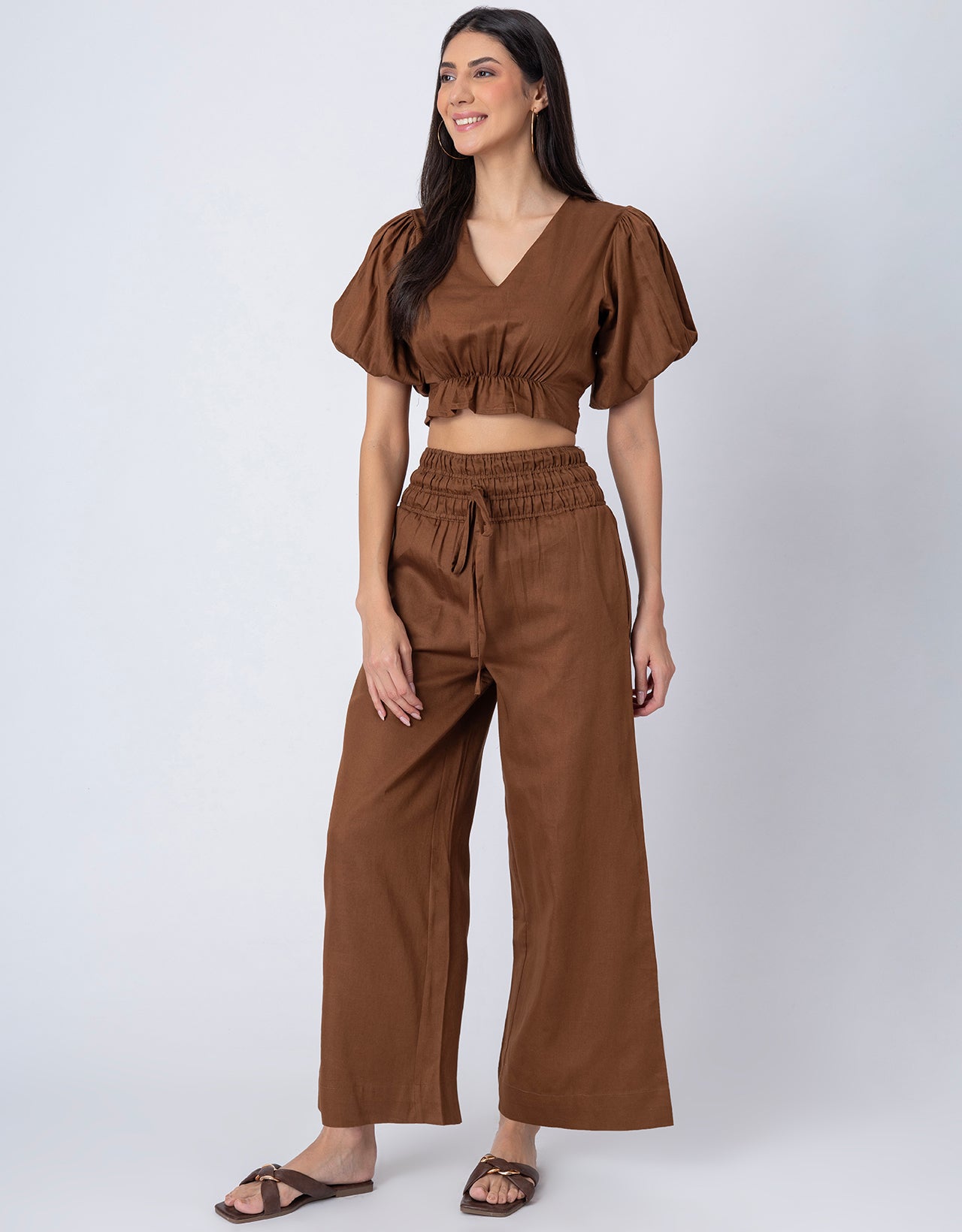 2 Pcs Cotton Co-ord Set, Crop Top With Flared Palazzo Pants For Women