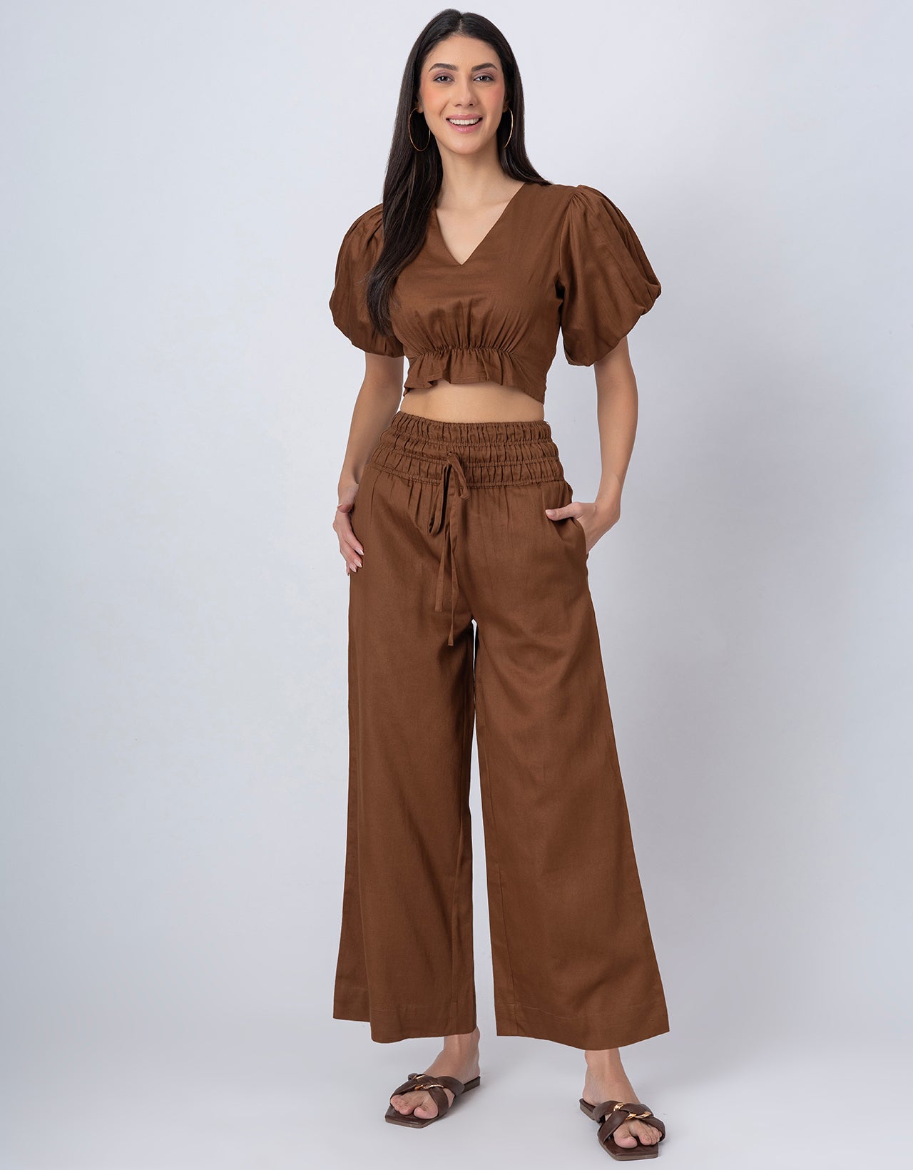 2 Pcs Cotton Co-ord Set, Crop Top With Flared Palazzo Pants For Women