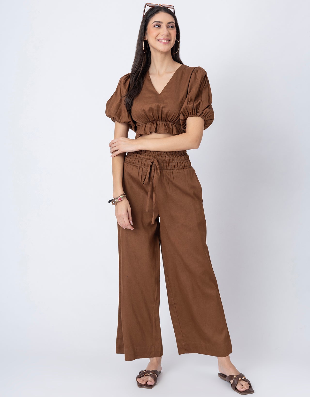 2 Pcs Cotton Co-ord Set, Crop Top With Flared Palazzo Pants For Women