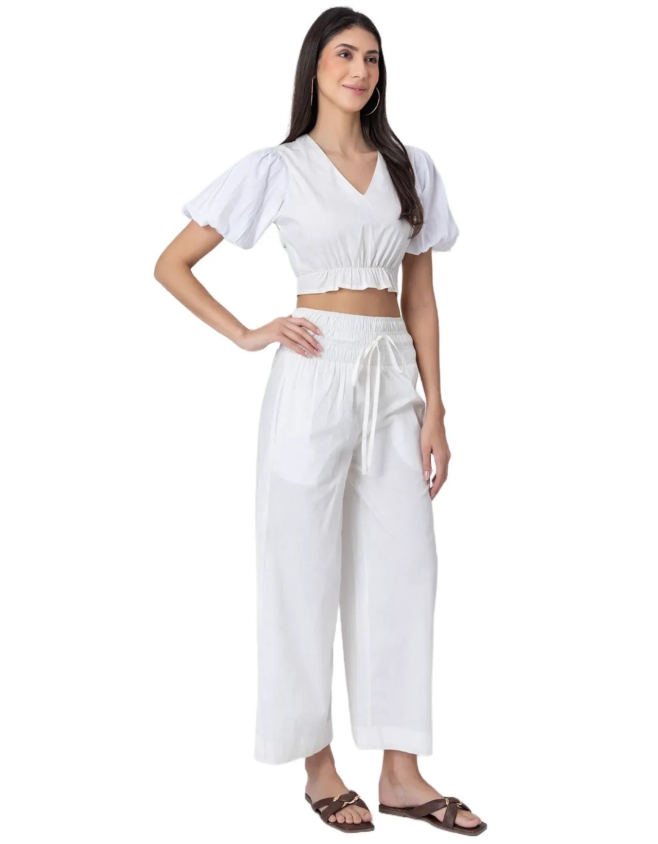 2 Pcs Cotton Co-ord Set, Crop Top With Flared Palazzo Pants For Women