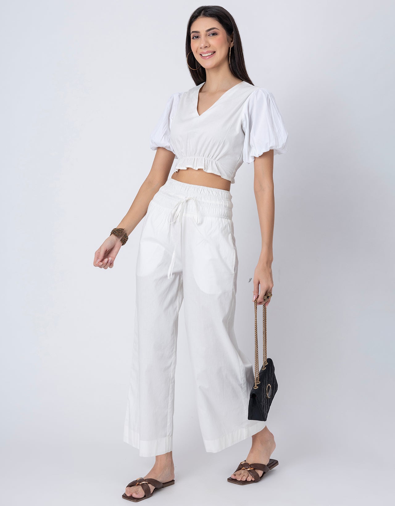 2 Pcs Cotton Co-ord Set, Crop Top With Flared Palazzo Pants For Women