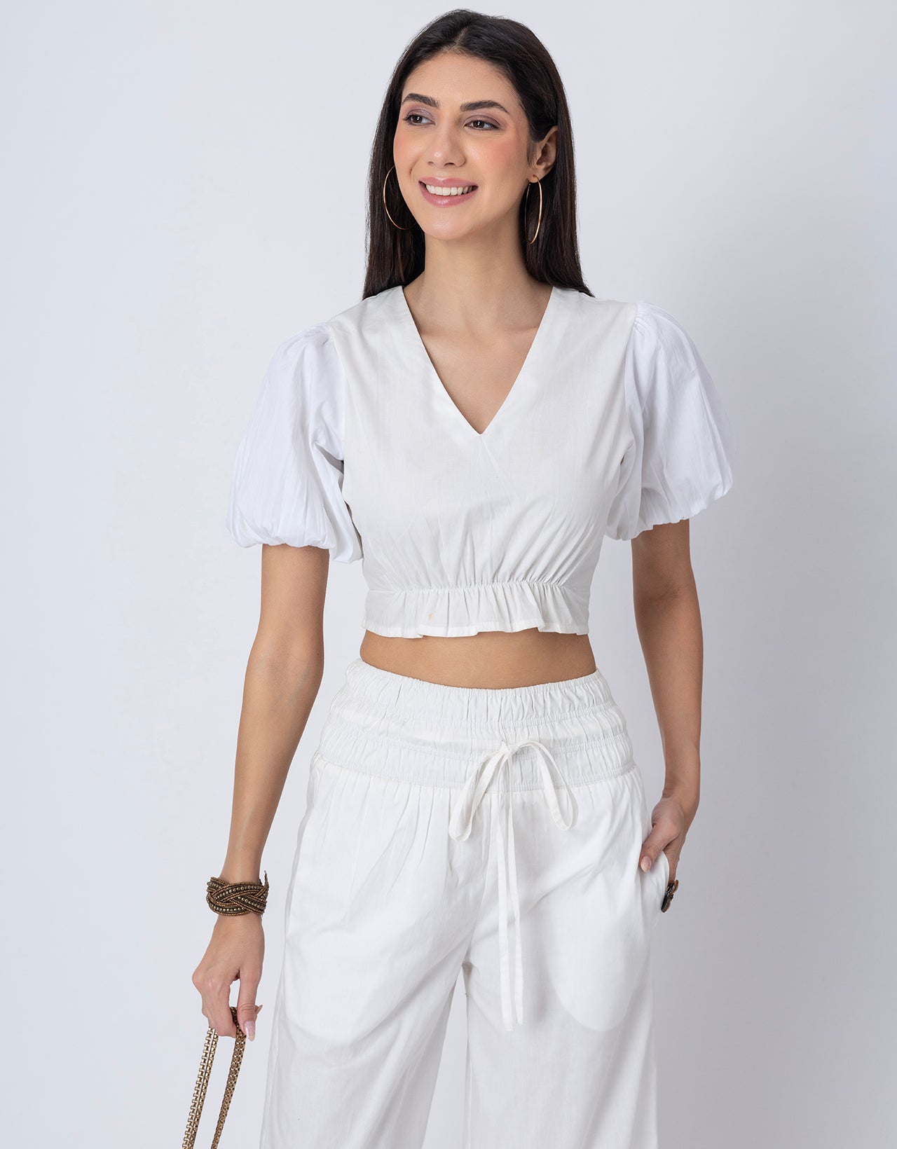 2 Pcs Cotton Co-ord Set, Crop Top With Flared Palazzo Pants For Women