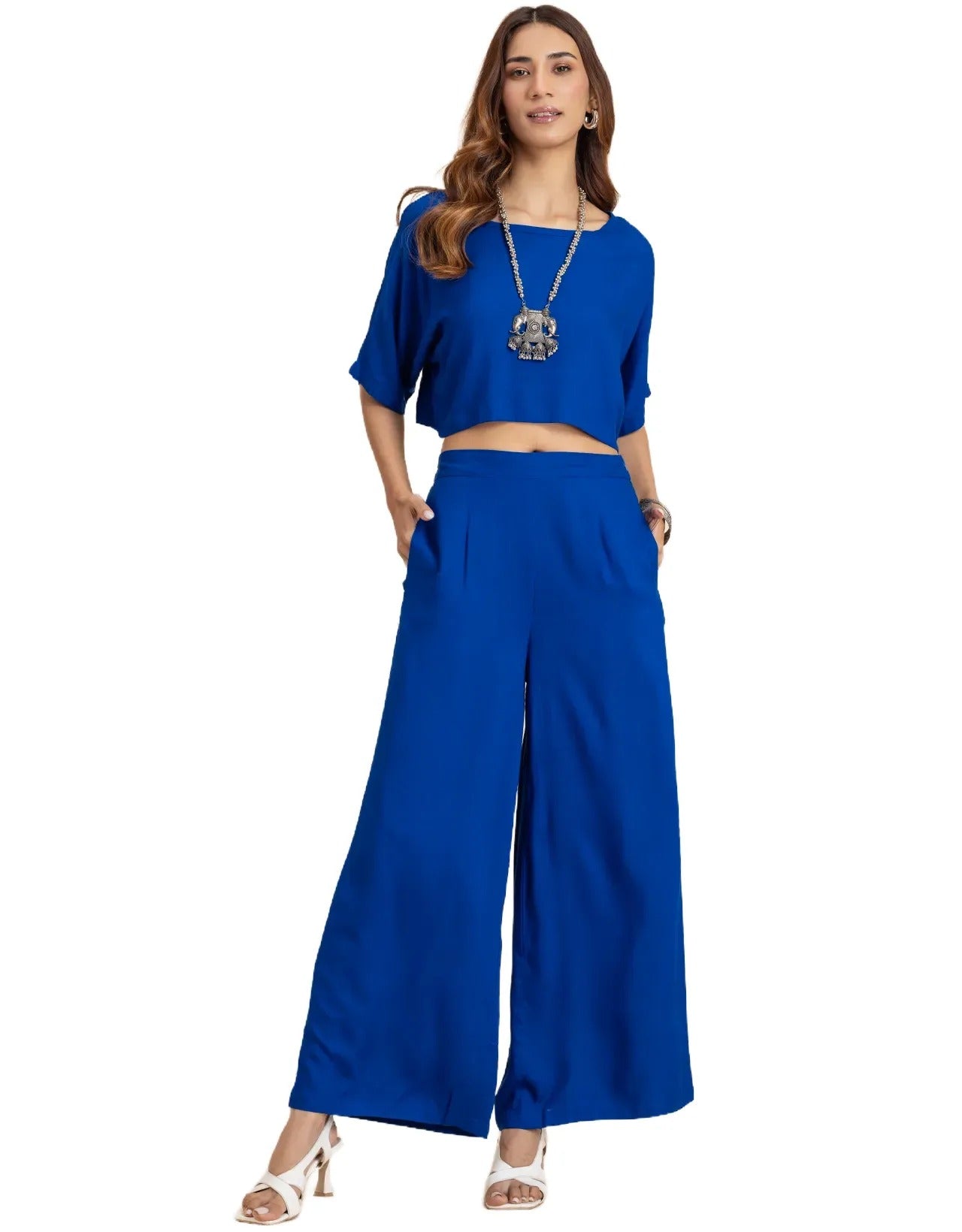 Round-Neck 2 Pcs Co-Ord Set Crop Top With Flared Palazzo Pants