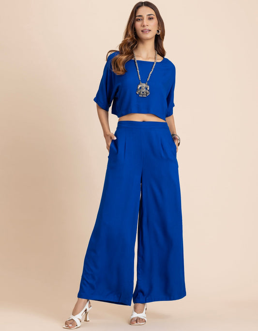 Round-Neck 2 Pcs Co-Ord Set Crop Top With Flared Palazzo Pants