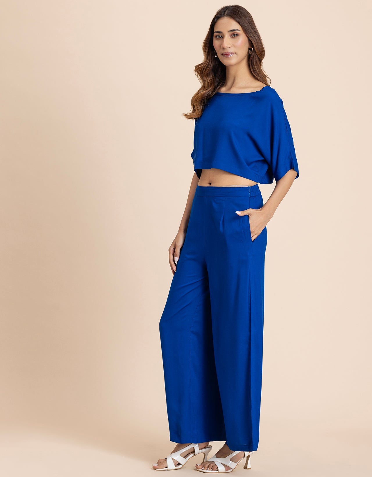 Round-Neck 2 Pcs Co-Ord Set Crop Top With Flared Palazzo Pants