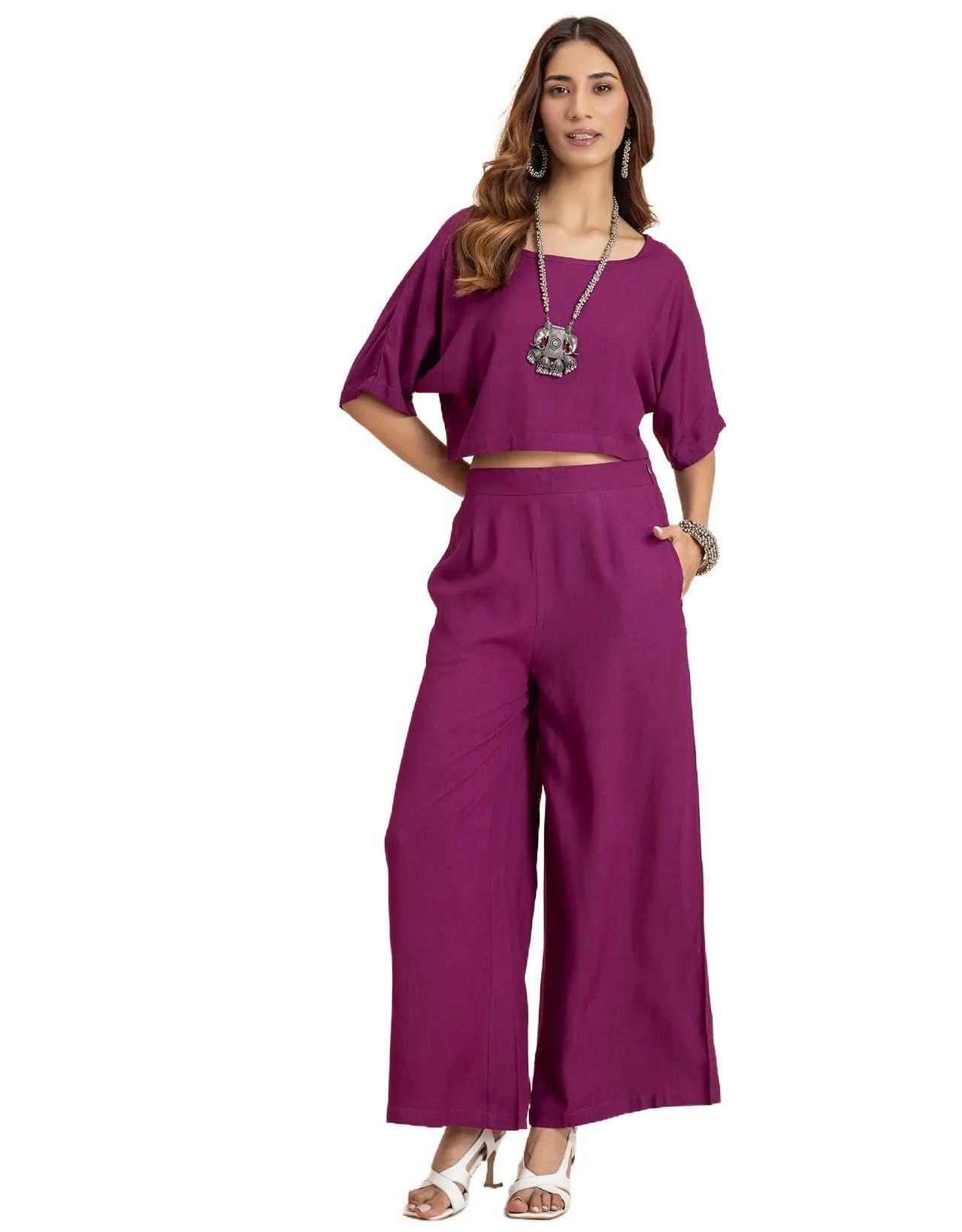 Round-Neck 2 Pcs Co-Ord Set Crop Top With Flared Palazzo Pants
