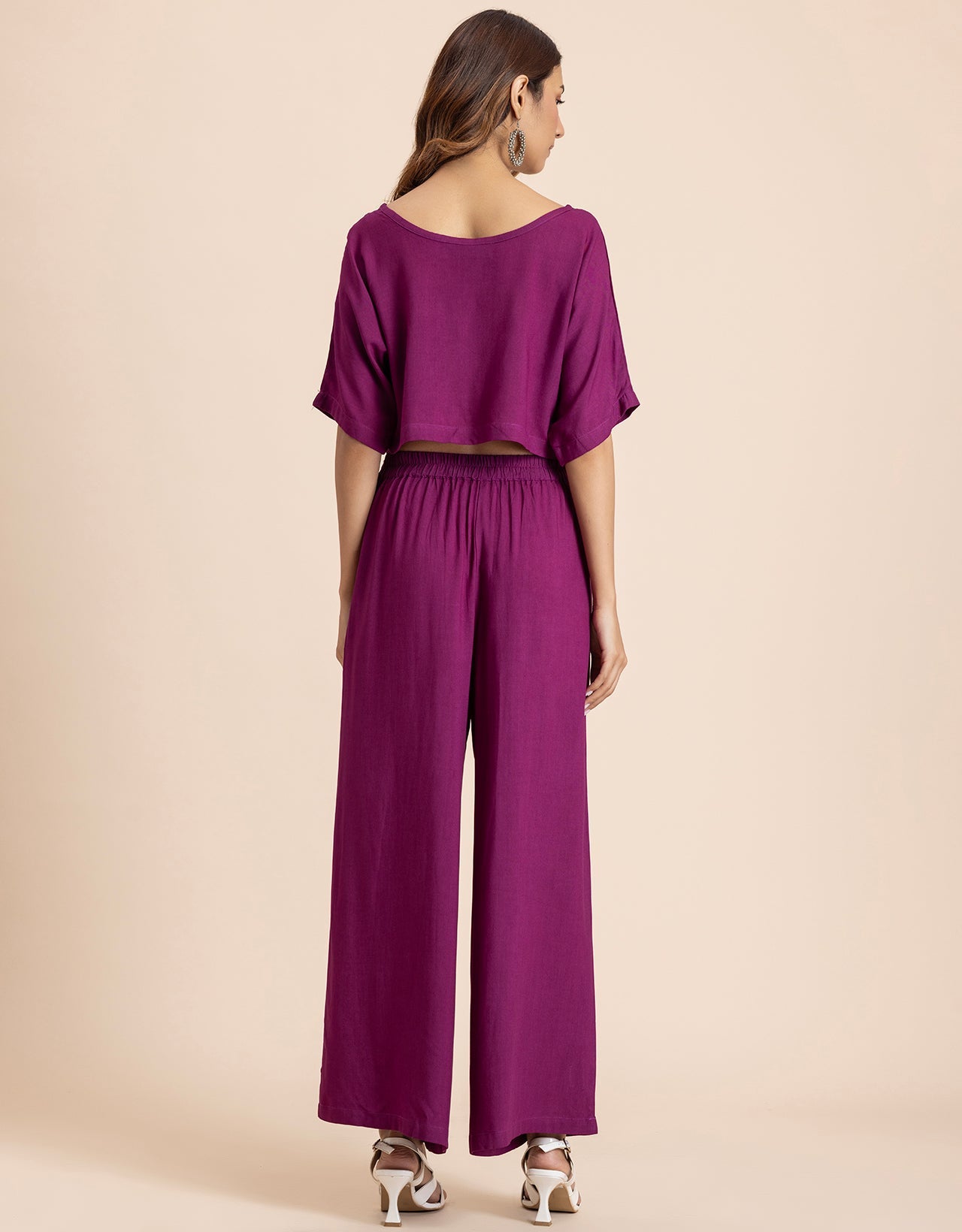 Round-Neck 2 Pcs Co-Ord Set Crop Top With Flared Palazzo Pants