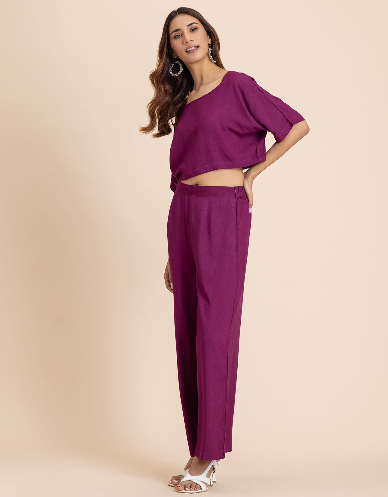 Round-Neck 2 Pcs Co-Ord Set Crop Top With Flared Palazzo Pants