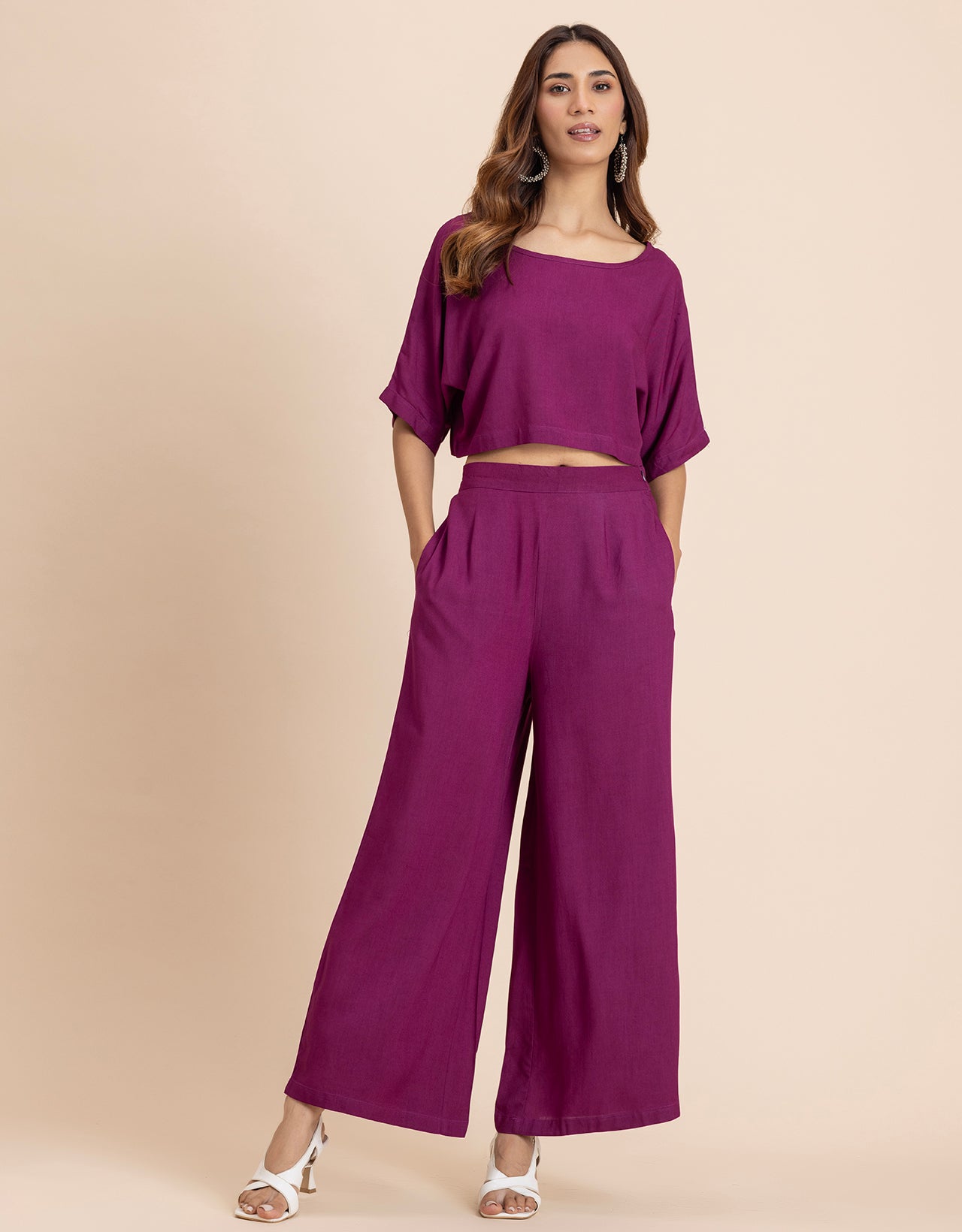 Round-Neck 2 Pcs Co-Ord Set Crop Top With Flared Palazzo Pants