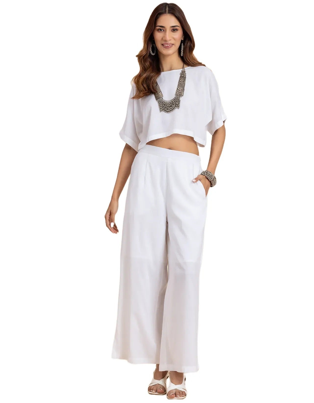 Round-Neck 2 Pcs Co-Ord Set Crop Top With Flared Palazzo Pants