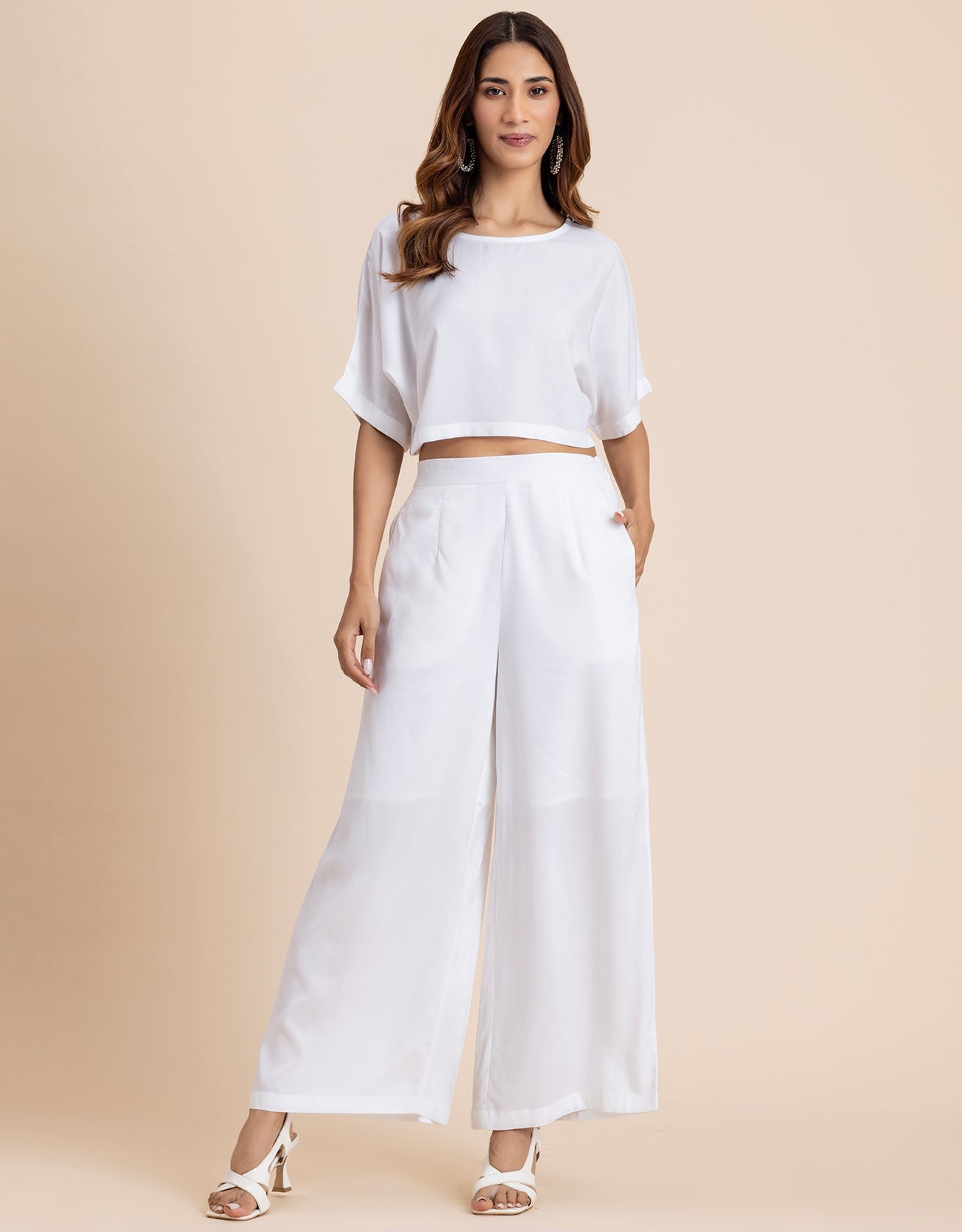 Round-Neck 2 Pcs Co-Ord Set Crop Top With Flared Palazzo Pants