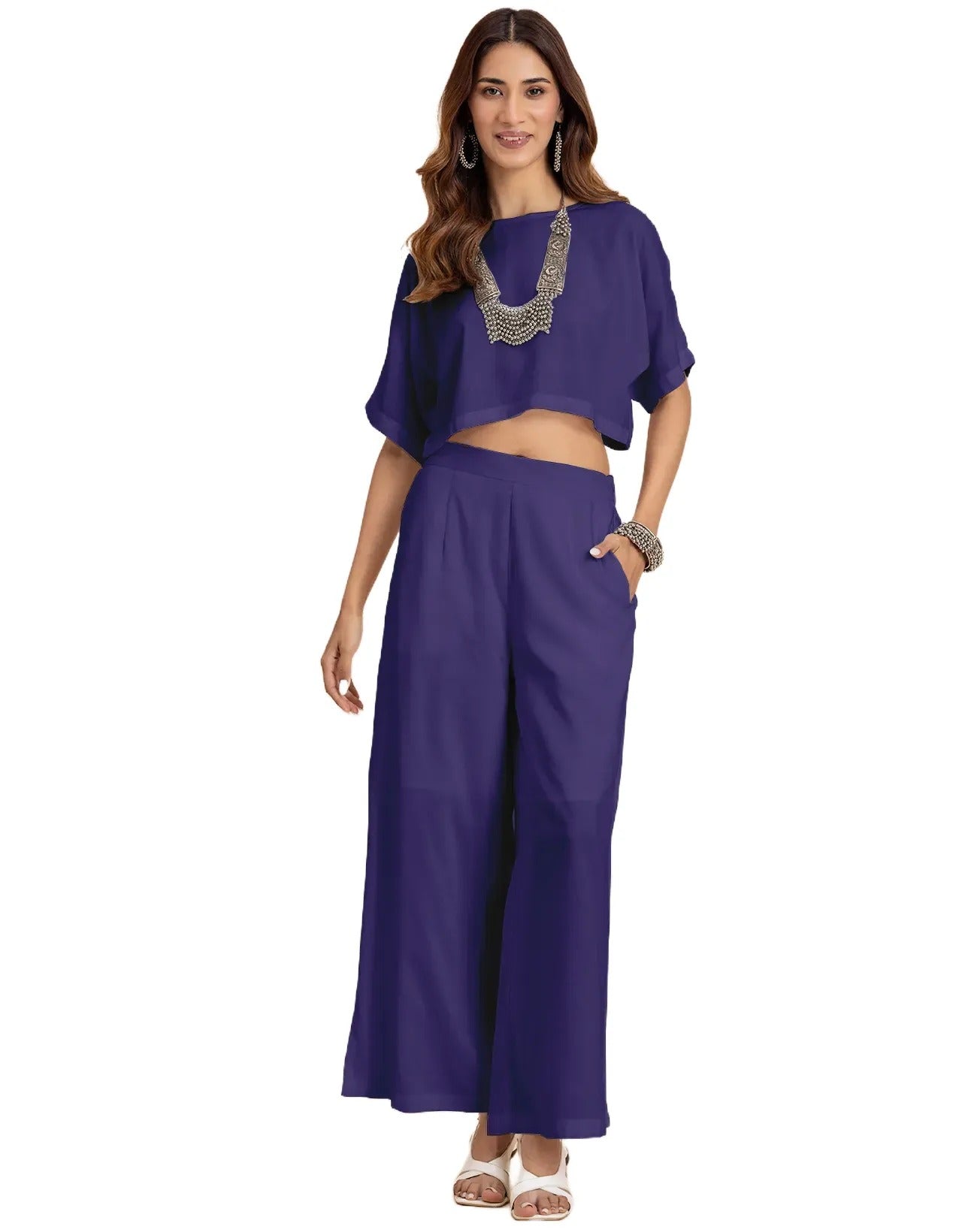 Round-Neck 2 Pcs Co-Ord Set Crop Top With Flared Palazzo Pants