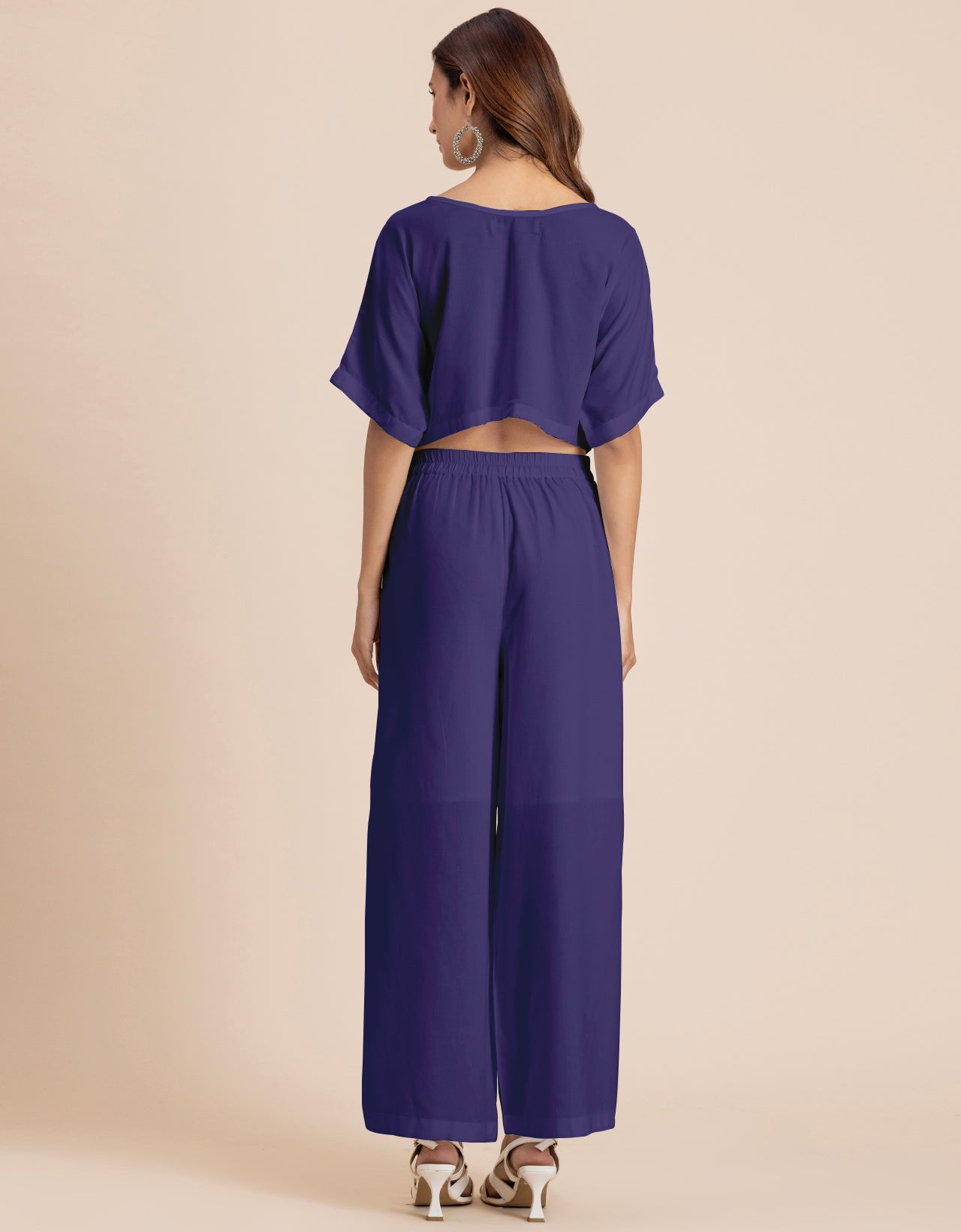 Round-Neck 2 Pcs Co-Ord Set Crop Top With Flared Palazzo Pants